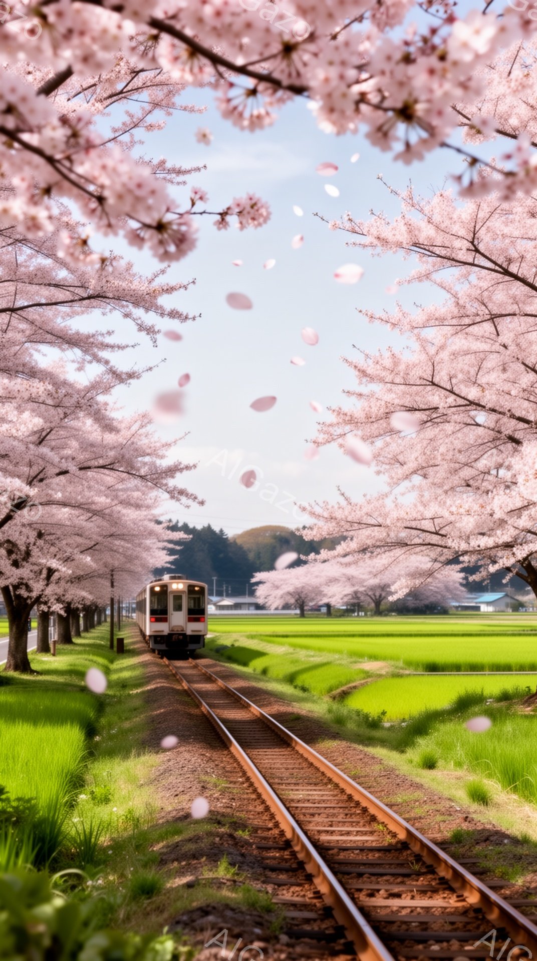 鉄道線路が桜並木のトンネルのように伸びており、背景には緑の田園風景が広がっています。淡いピンク色の桜の花びらが舞い散り、春の穏やかで美しい雰囲気を醸し出しています。遠くには山並みが見え、空は晴れやかで - AI生成フリー素材