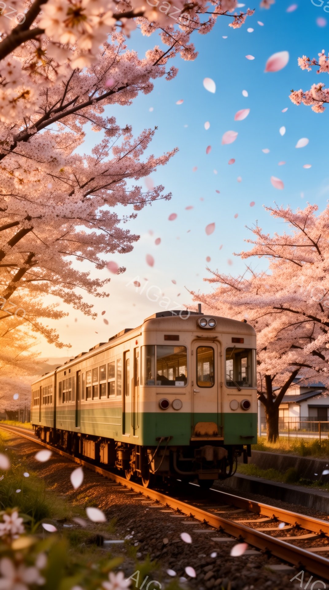緑色の電車が桜並木の中を走っている風景です。桜の花びらが舞い散り、空は夕焼けのような暖色で彩られ、春の穏やかで美しい雰囲気を醸し出しています。線路脇には小さな家や緑が広がり、日本の田舎の風景を思わせま - AI生成フリー素材