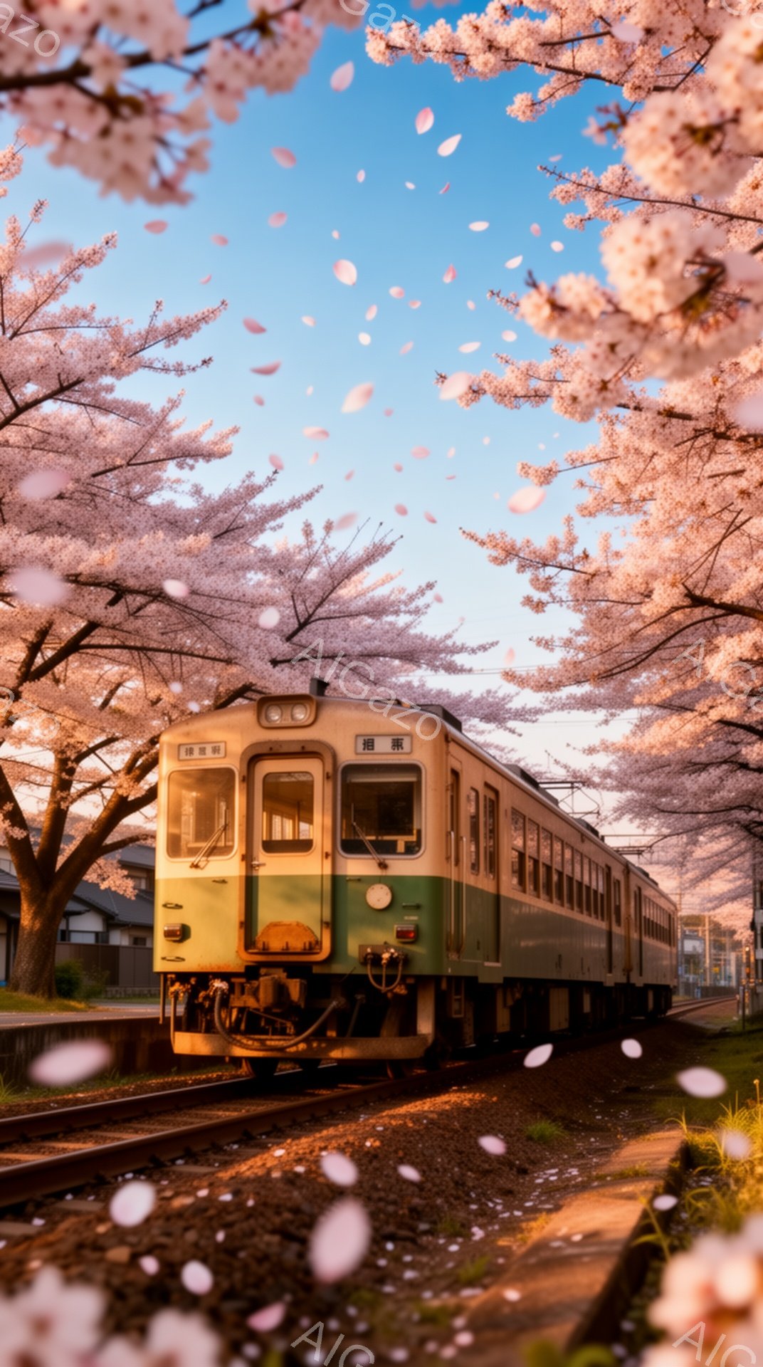 緑色の電車が桜並木の中を走っている様子が捉えられています。満開の桜の花びらが舞い散り、春の暖かさと穏やかな雰囲気を醸し出しています。背景には住宅や電柱が見え、日本の田舎の風景を思わせる光景です。 - AI生成フリー素材