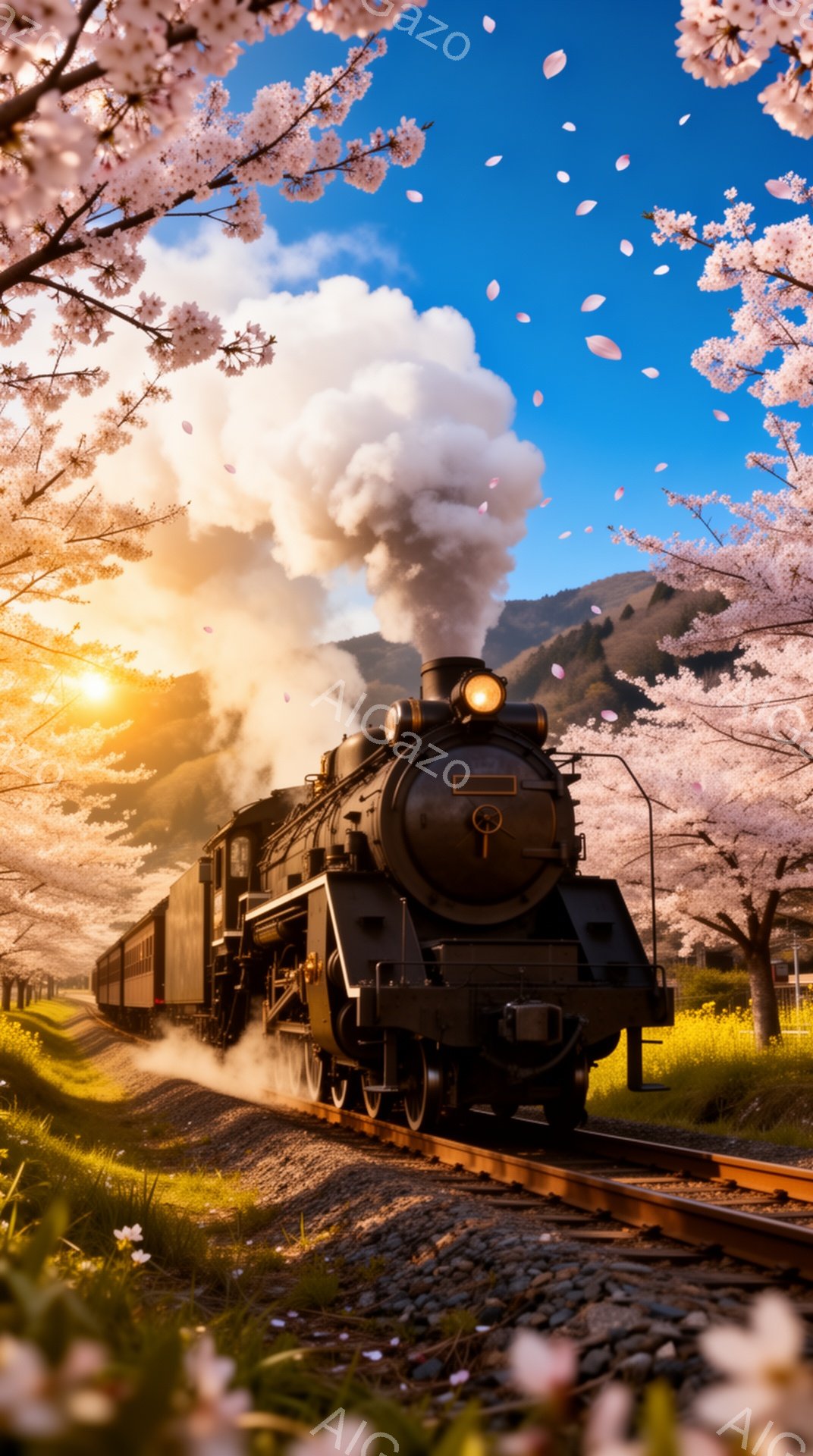 蒸気機関車が満開の桜並木の中を走っている風景で、春の訪れを感じさせる美しい光景です。機関車からは白い蒸気が立ち上り、桜の花びらが舞い散る様子が幻想的で、夕焼けのような温かい光が全体を包んでいます。背景 - AI生成フリー素材