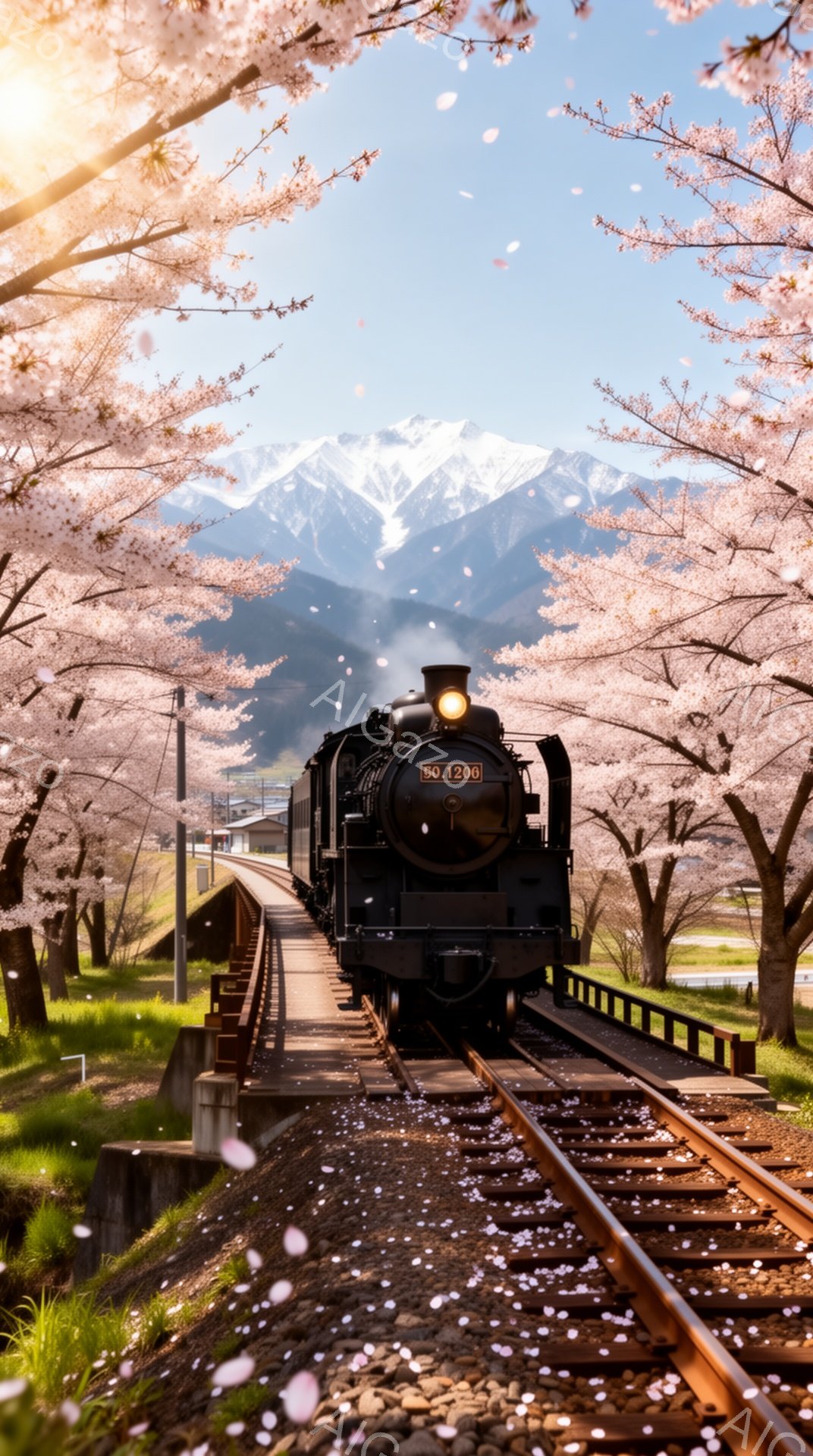 満開の桜並木の中を、蒸気機関車がゆっくりと走っている。背景には雪を抱いた山々がそびえ立ち、春の暖かさと冬の名残が混ざり合った美しい風景が広がっている。桜の花びらが舞い散り、幻想的でノスタルジックな雰囲 - AI生成フリー素材