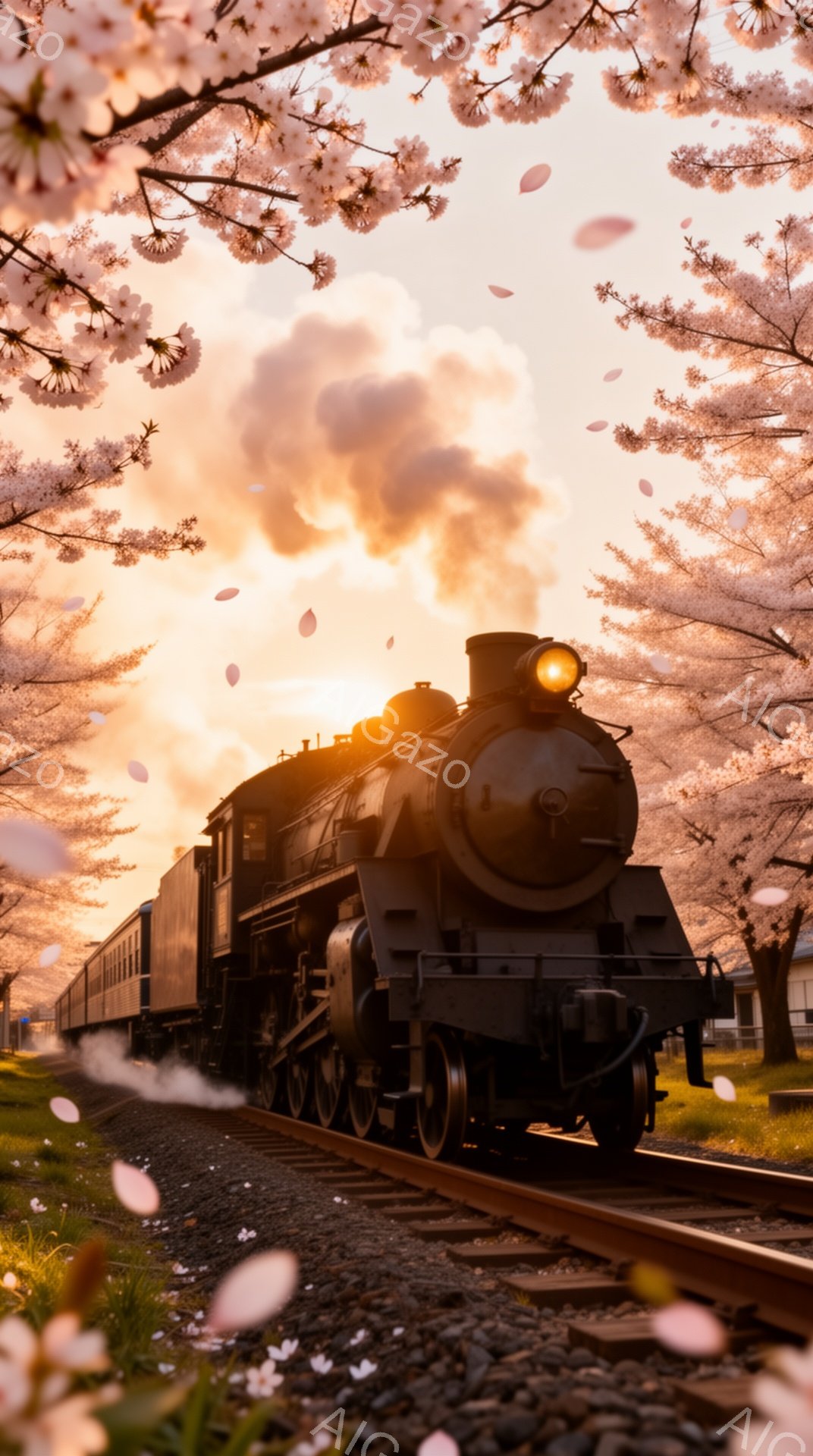 蒸気機関車が満開の桜並木の中を走っており、ピンク色の花びらが舞い散っている美しい光景です。機関車の煙突からは白い煙が立ち上り、夕焼けのような暖かい光が機関車全体を照らしています。背景には緑の草地と、ぼ - AI生成フリー素材