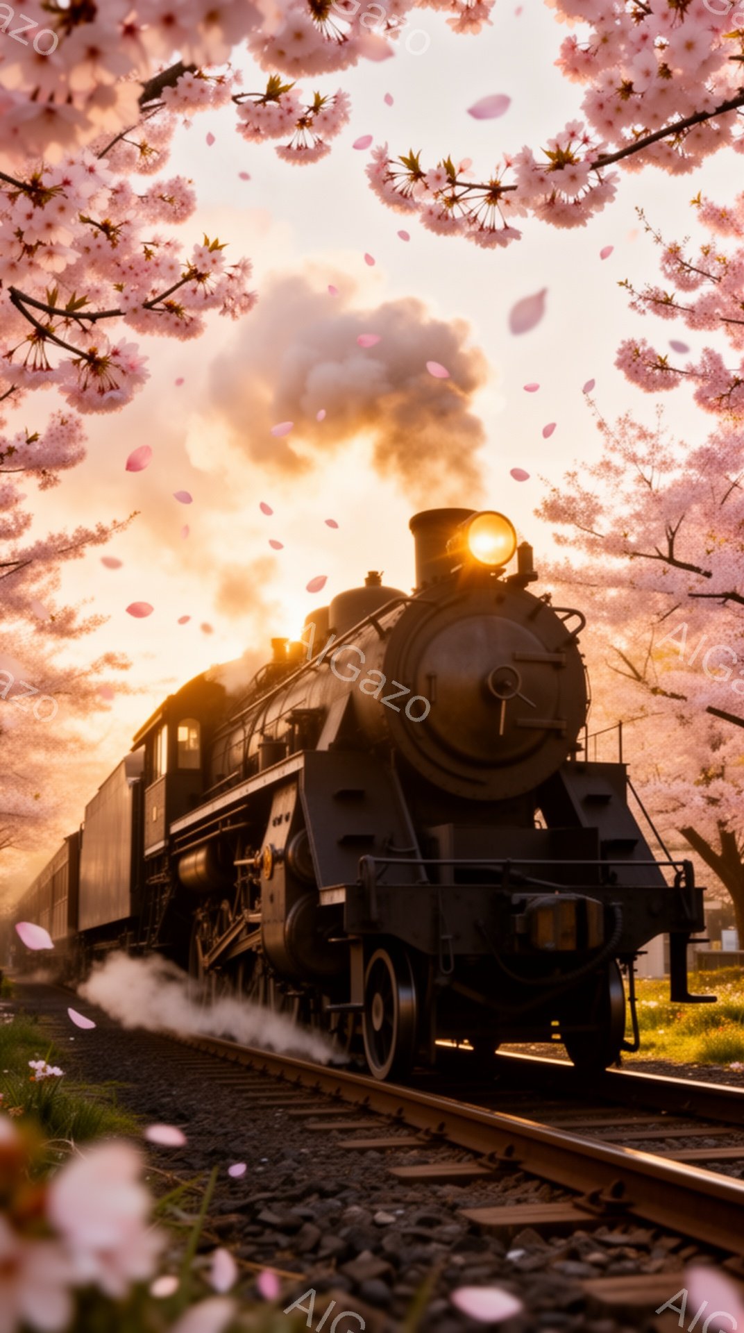蒸気機関車が桜並木の線路を走っている様子が描かれている。満開の桜の花びらが舞い散り、夕焼けのような暖かな光が機関車を照らし出している。春の暖かさとノスタルジーを感じさせる、美しい情景だ。 - AI生成フリー素材