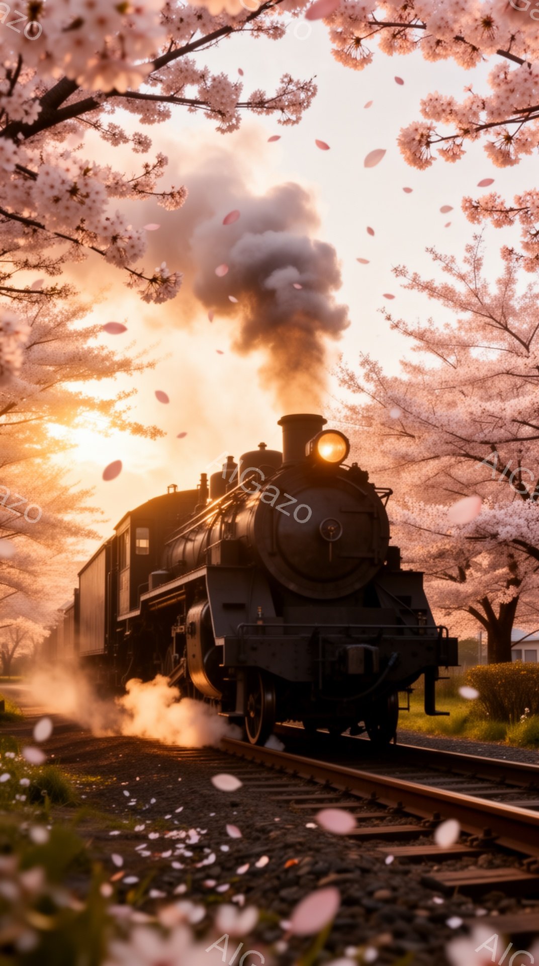 蒸気機関車が桜並木の中を走っており、満開の桜の花びらが舞い散っている美しい光景です。夕焼けのような暖かい光が機関車を照らし、春の暖かさとノスタルジックな雰囲気を醸し出しています。線路に沿って咲く花々が - AI生成フリー素材