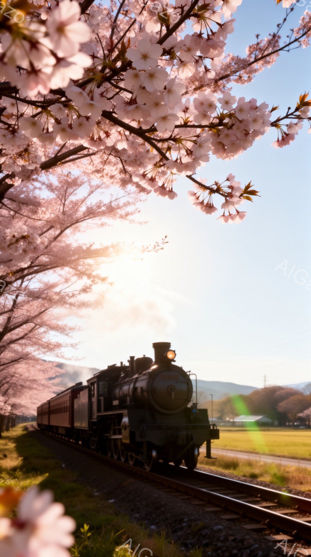 蒸気機関車が桜並木の中を走っている様子が描かれています。朝日が機関車の黒い車体に輝きを添え、桜の花びらが舞い散る春の穏やかな雰囲気を醸し出しています。背景には緑の草地と遠くの山々が見え、暖かく幻想的な - AI生成フリー素材