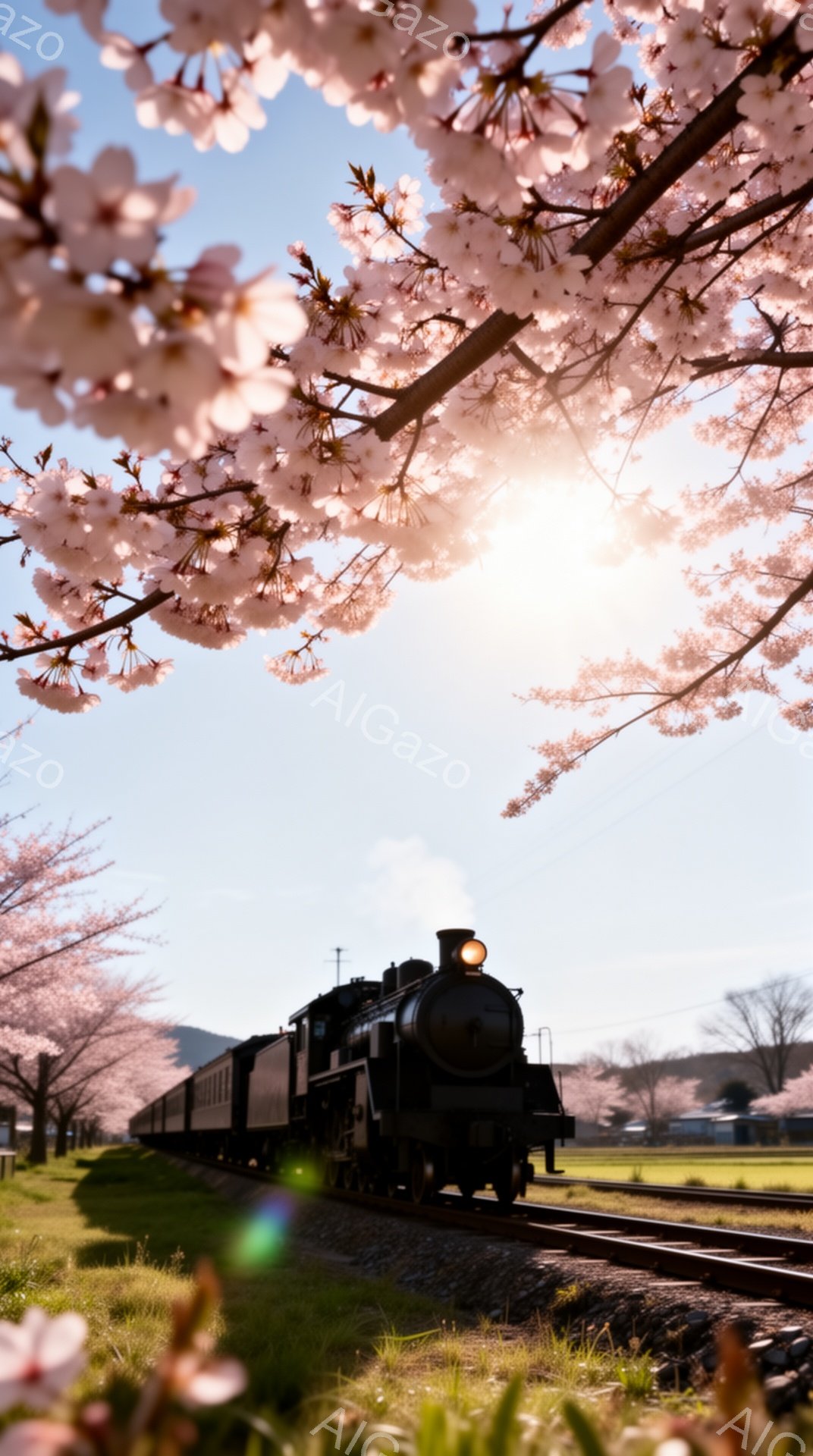 桜の花びらが舞い散る中、蒸気機関車が線路を走っている。背景には緑の草原と、遠くにぼんやりと見える建物があり、春の穏やかな日差しが全体を暖かく包み込んでいる。桜の美しさとレトロな機関車の組み合わせが、懐 - AI生成フリー素材