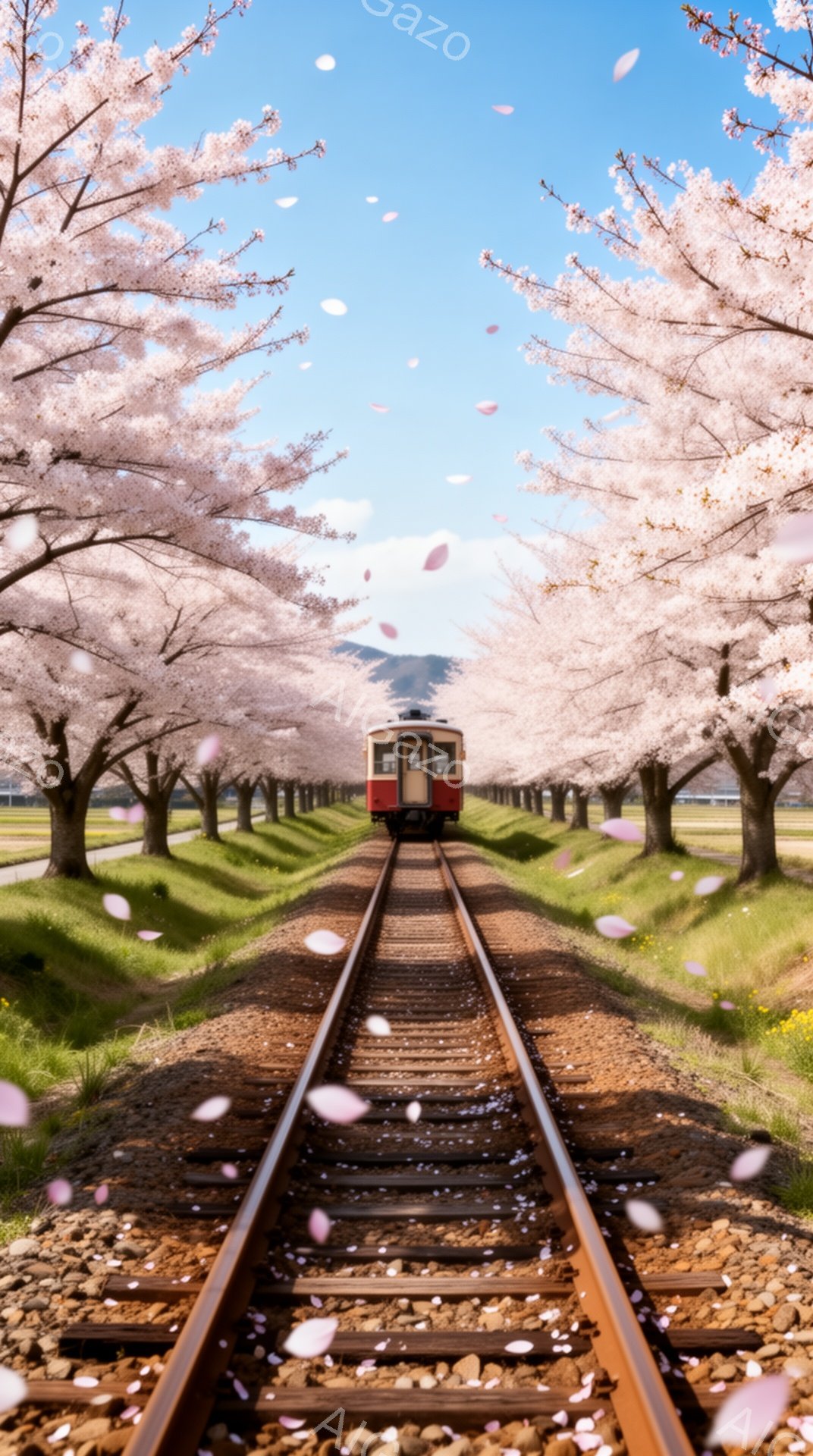鉄道線路が桜並木の中をまっすぐに伸びており、遠くに赤い車両が見える風景です。桜の花びらが舞い散り、春の穏やかな陽気を感じさせます。線路の両側には緑の草地が広がり、背景には山がぼんやりと見えます。 - AI生成フリー素材