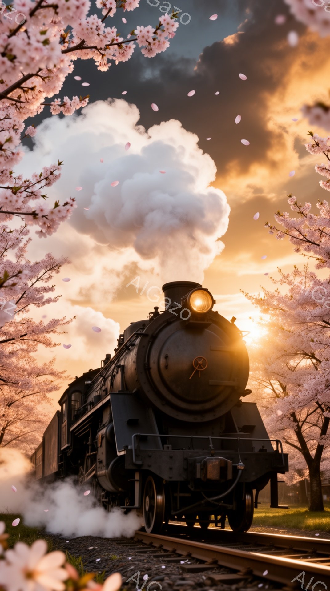 蒸気機関車が桜並木の中を走っている様子が捉えられています。夕焼けのような暖色系の空と、舞い散る桜の花びらが、幻想的でノスタルジックな雰囲気を醸し出しています。機関車の黒いシルエットと、桜の淡いピンク色 - AI生成フリー素材