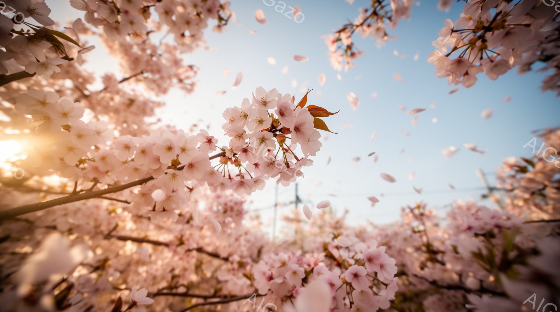 満開の桜が咲き誇り、花びらが空中に舞い散る様子が捉えられています。太陽の光が桜の隙間から差し込み、背景の淡い青空と相まって、春の暖かく幻想的な雰囲気を醸し出しています。桜の花のピンク色が鮮やかで、まる - AI生成フリー素材