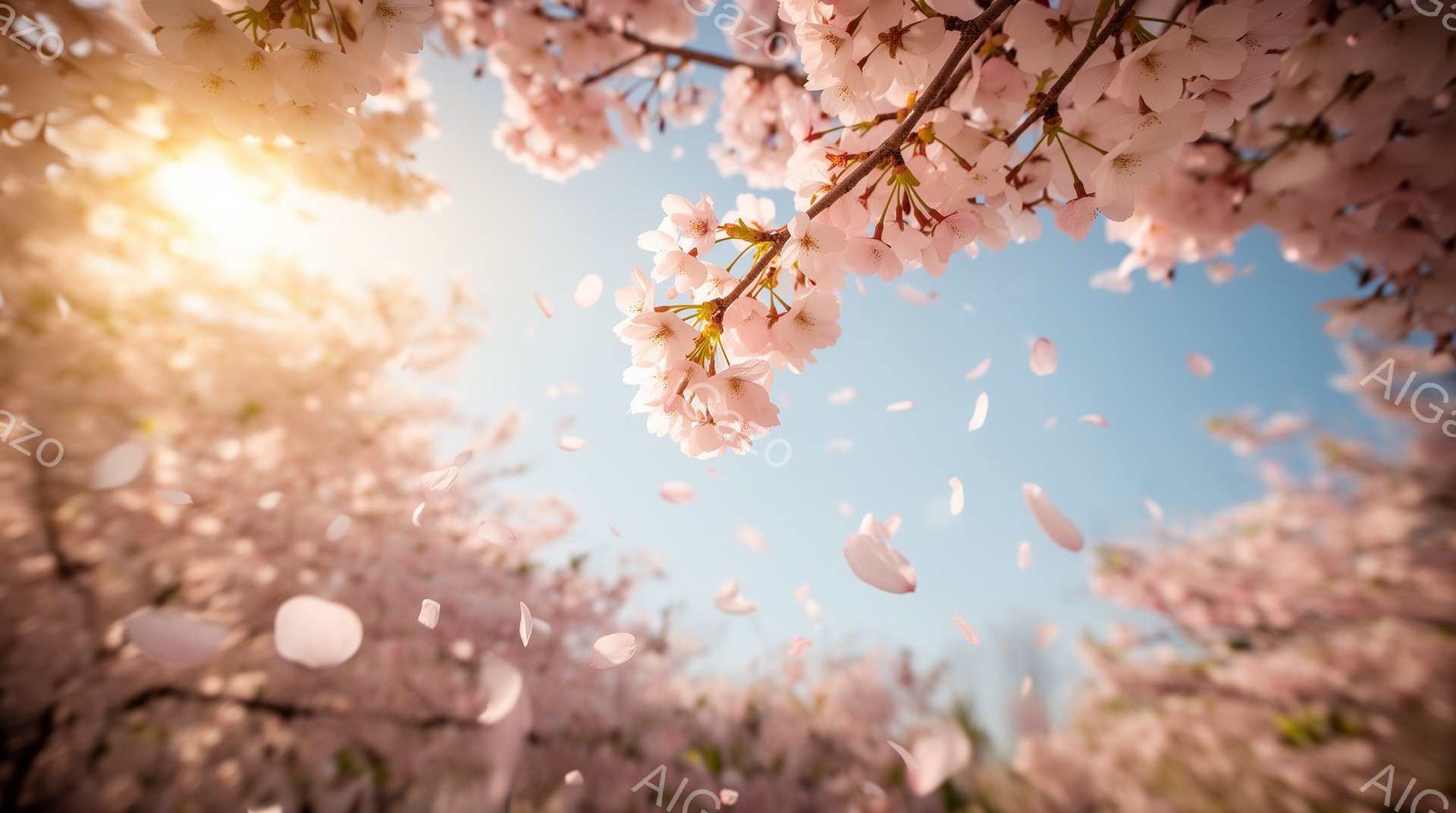 桜の花びらが舞い散る、春の美しい風景です。青空を背景に、ピンク色の桜が満開で、まるでトンネルのように咲き誇っています。太陽の光が花びらを照らし、暖かく幻想的な雰囲気を醸し出しています。 - AI生成フリー素材