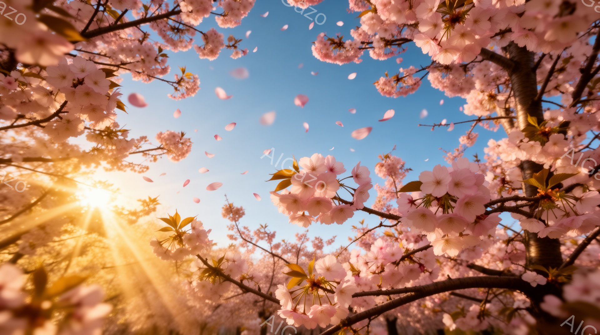 満開の桜並木の下、太陽の光が枝の間から差し込み、花びらが舞い散っている様子が捉えられています。青空を背景に、桜の淡いピンク色が春の暖かさと優しさを表現しています。光の強いコントラストと花びらの散りばめ - AI生成フリー素材