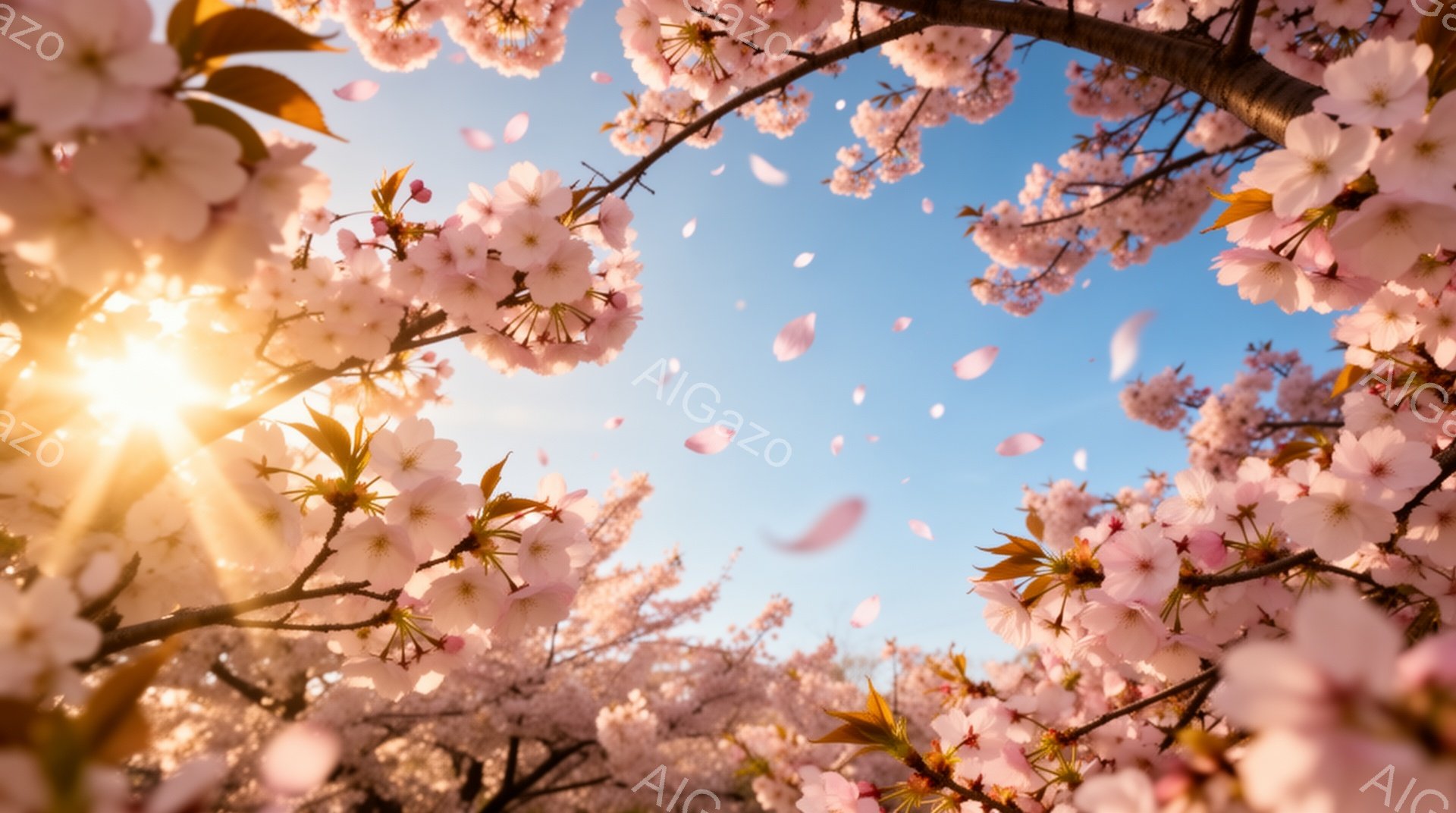 桜の花びらが舞い散る、春の日の光景だ。太陽の光が桜の隙間から差し込み、空は澄んだ青色で、花びらは柔らかく光りながら舞い降りている。全体的に暖かく、穏やかな春の訪れを感じさせる美しい雰囲気である。 - AI生成フリー素材