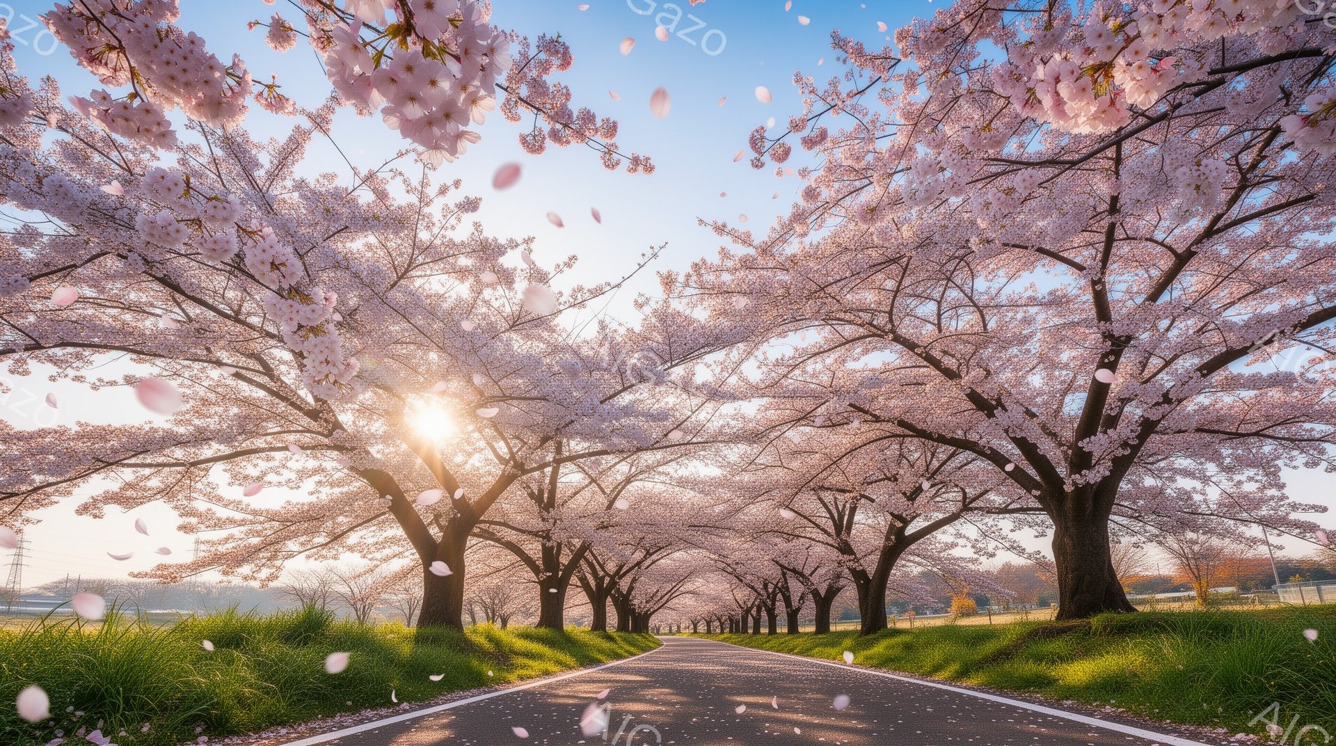 桜並木が続く道が、春の暖かな日差しに照らされている。満開の桜の花びらが舞い散り、まるでトンネルのように美しい景色を作り出している。背景には緑の草地と、遠くに見える電柱や建物がぼんやりと見える、穏やかで - AI生成フリー素材