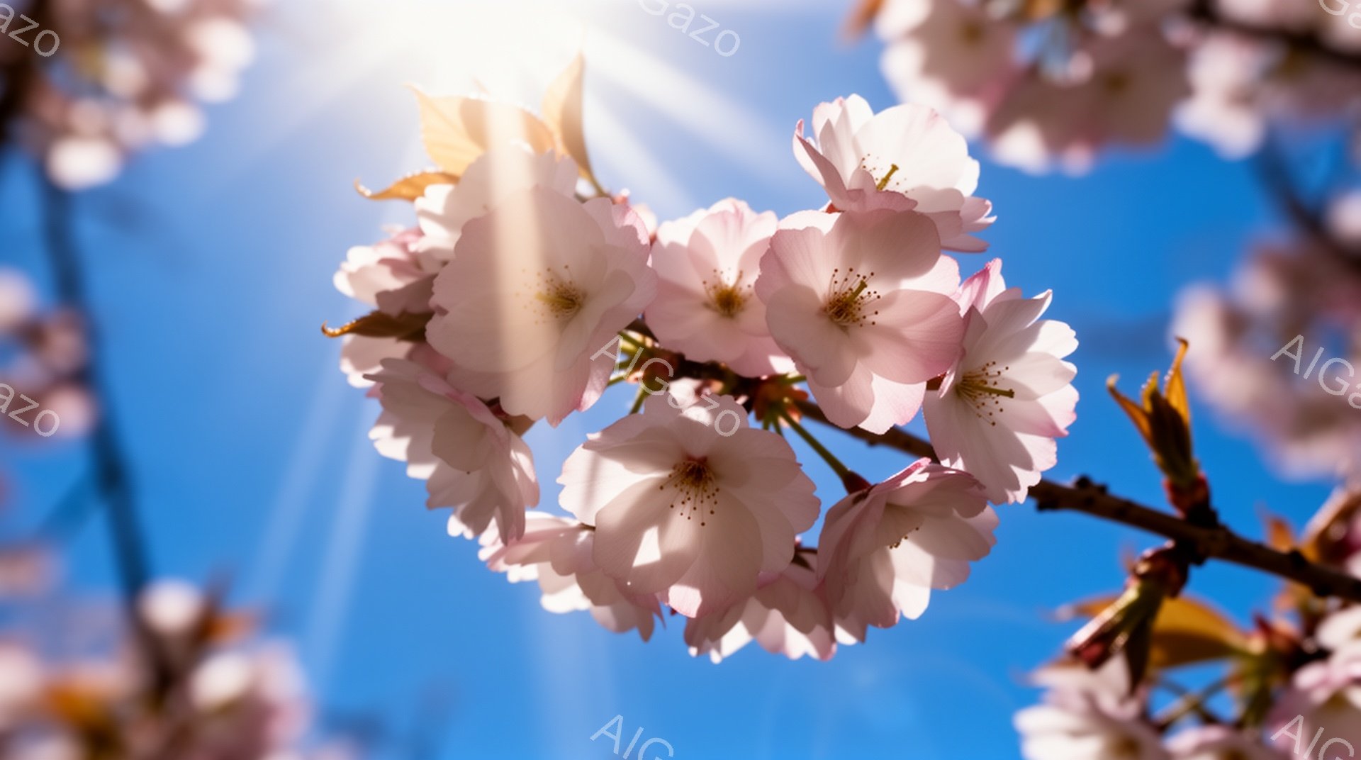 鮮やかな青空を背景に、桜の花が咲き誇る様子が捉えられています。薄桃色の花びらは繊細で、春の暖かさを感じさせます。太陽光が花びらを照らし、幻想的な雰囲気を醸し出しています。 - AI生成フリー素材