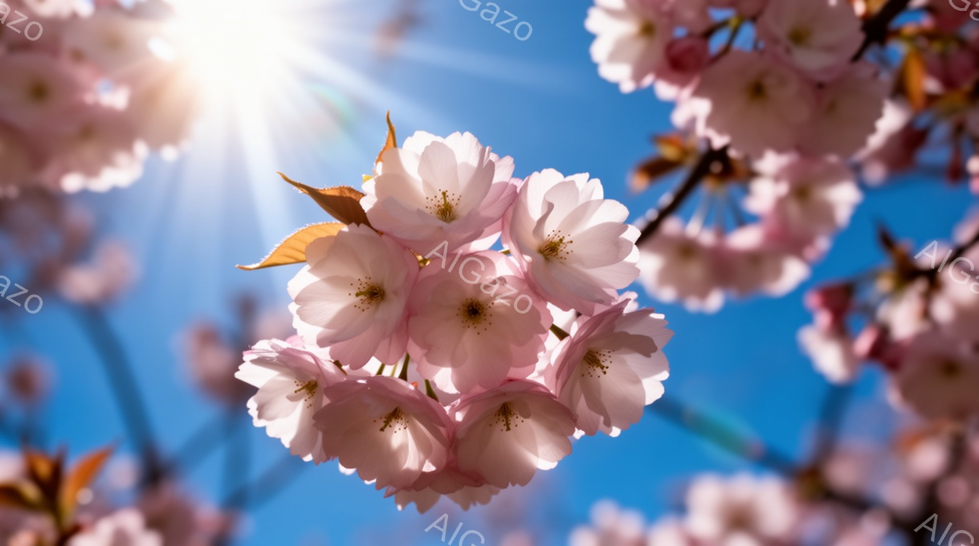 鮮やかな青空を背景に、桜の花が咲き乱れている様子が捉えられています。薄いピンク色の花びらは、光に透けて美しく、春の暖かさと生命力を感じさせます。太陽光が花びらを照らし、希望に満ちた穏やかな雰囲気を醸し - AI生成フリー素材