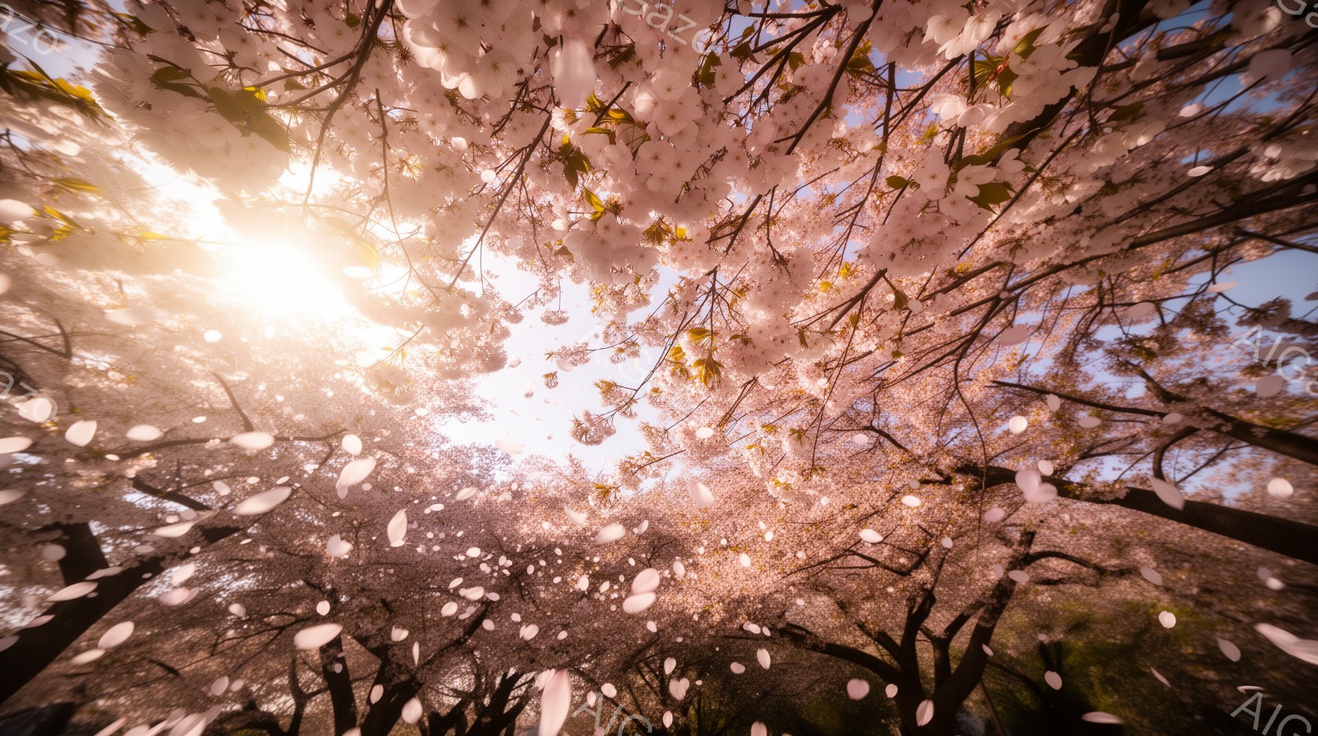 桜の花びらが舞い散る中、見上げるように空を背景にした桜の木々の写真です。光が花びらを照らし、幻想的で春の暖かい雰囲気を醸し出しています。背景には緑がわずかに見え、自然の中にいるような安らぎを感じさせます。