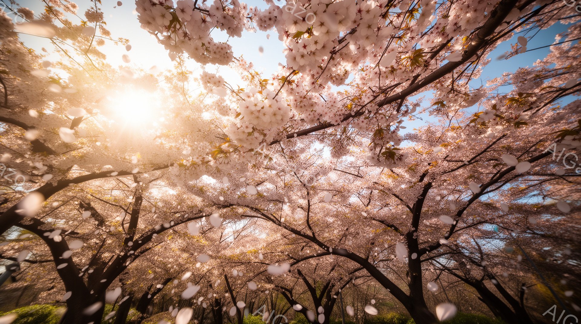 満開の桜並木が、空に向かって枝を広げている様子が捉えられています。花びらが舞い散り、暖かい日差しが木漏れ日となって地面を照らし、春の訪れを感じさせる幻想的な光景です。鮮やかなピンク色の桜と青空のコント - AI生成フリー素材