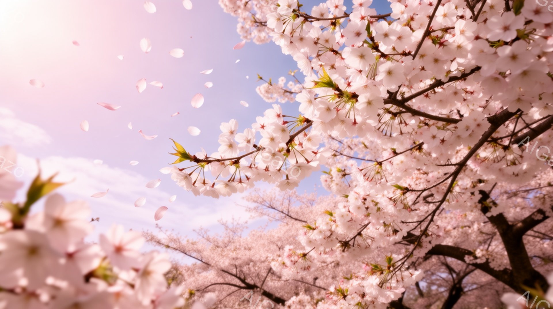 満開の桜が空を背景に広がり、花びらが舞い散っている様子が捉えられています。ピンク色の桜の花は柔らかい光に照らされ、春の暖かさと優雅さを感じさせます。空は淡いピンク色と青色が混ざり合い、幻想的な雰囲気を醸し出しています。
