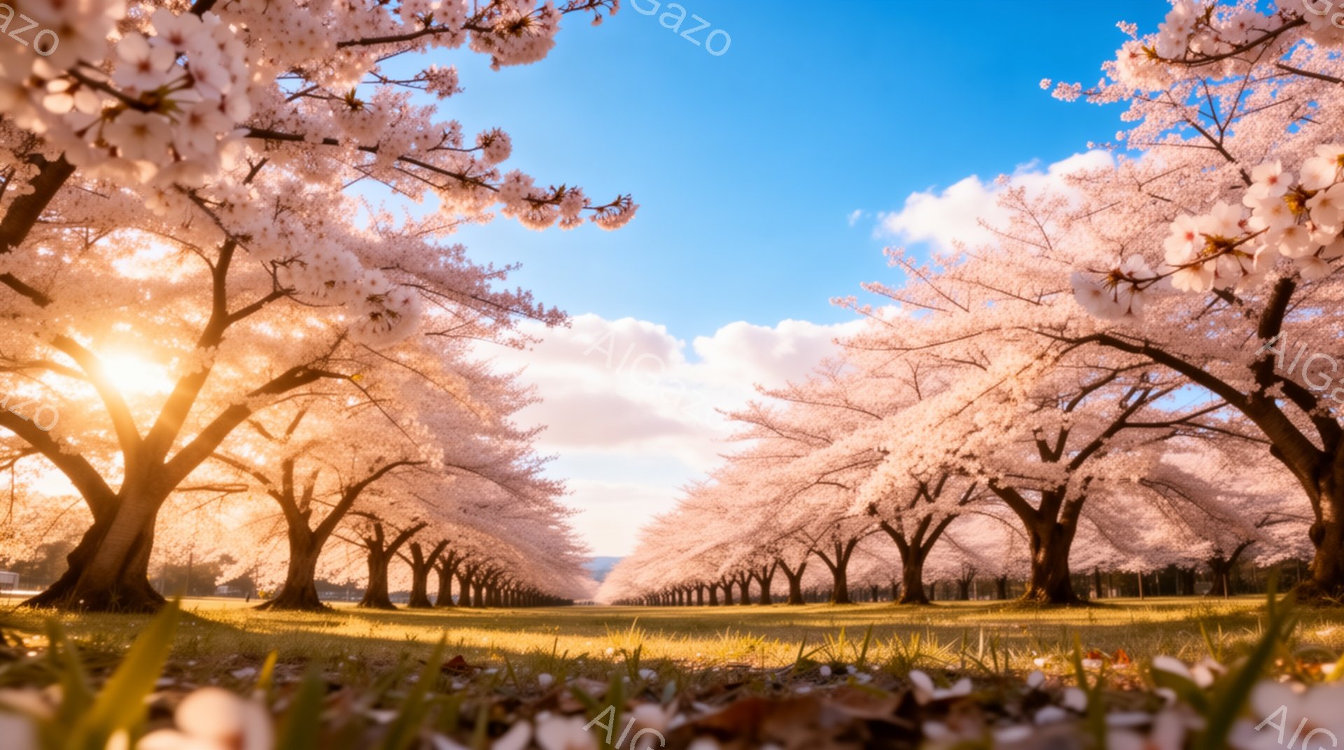 桜並木が続く美しい風景で、満開の桜の花びらが空を覆い、まるでトンネルのようです。朝日が桜の花々を照らし、地面には散った花びらが敷き詰められ、穏やかで幻想的な雰囲気を醸し出しています。背景には緑の草地と - AI生成フリー素材