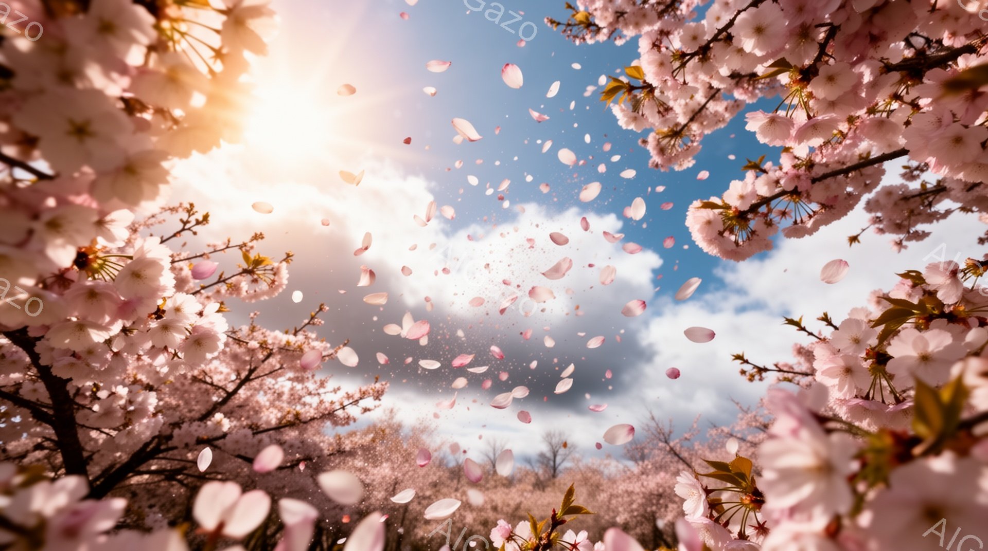 桜の花びらが舞い散る春の風景です。空は青く、白い雲が広がり、太陽の光が優しく差し込んでいます。桜の木々が両側からフレームに迫り、花びらがまるで雪のように降り注ぎ、幻想的な雰囲気を醸し出しています。 - AI生成フリー素材