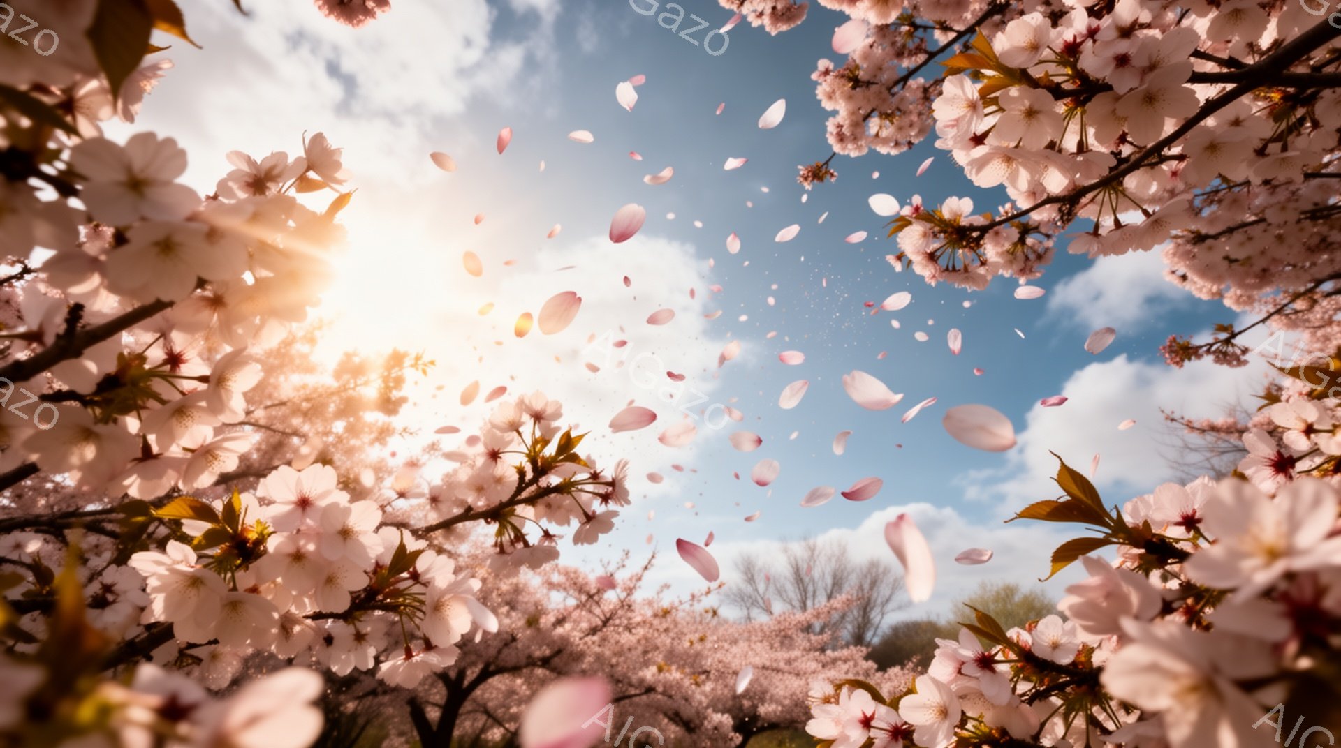桜の花びらが舞い散る、春の風景が捉えられています。太陽の光が桜のピンク色を強調し、空にはうっすらと雲が広がっています。まるで夢のような、暖かく穏やかな雰囲気が漂っています。 - AI生成フリー素材