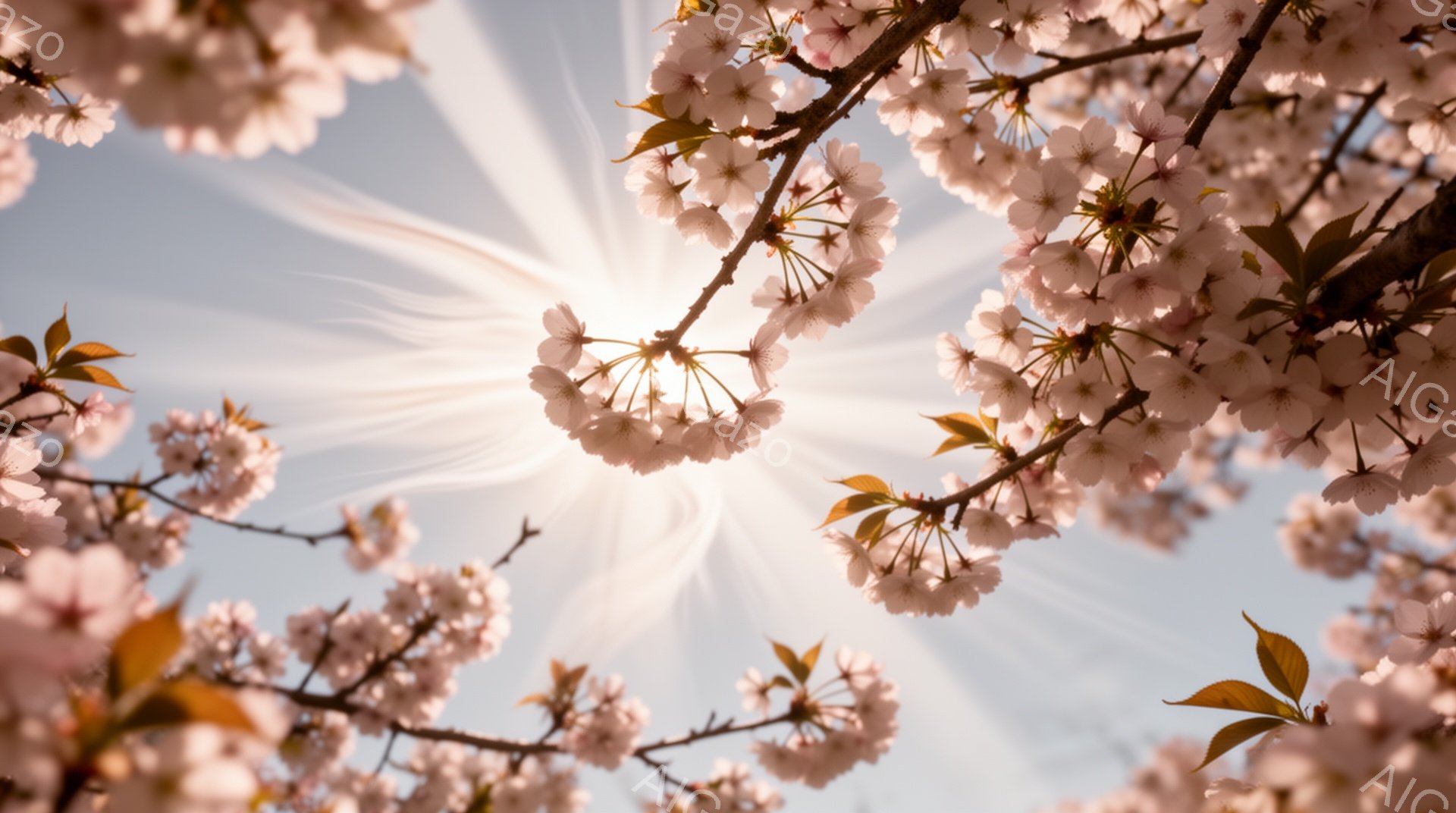 桜の花が咲き乱れ、太陽が差し込む空を背景にした写真です。薄いピンク色の花びらが、明るい光の中で優雅に咲き誇り、春の暖かさと穏やかな雰囲気を醸し出しています。太陽光線が花びらを照らし、幻想的な美しさを際 - AI生成フリー素材