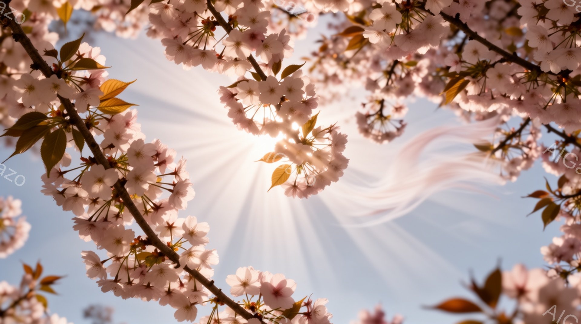 空を見上げるように、桜の花が咲き乱れている様子が捉えられています。太陽の光が桜の花びらを照らし、花びらの淡いピンク色と空の青色が美しく調和しています。全体的に、春の暖かさと希望に満ちた、穏やかな雰囲気 - AI生成フリー素材