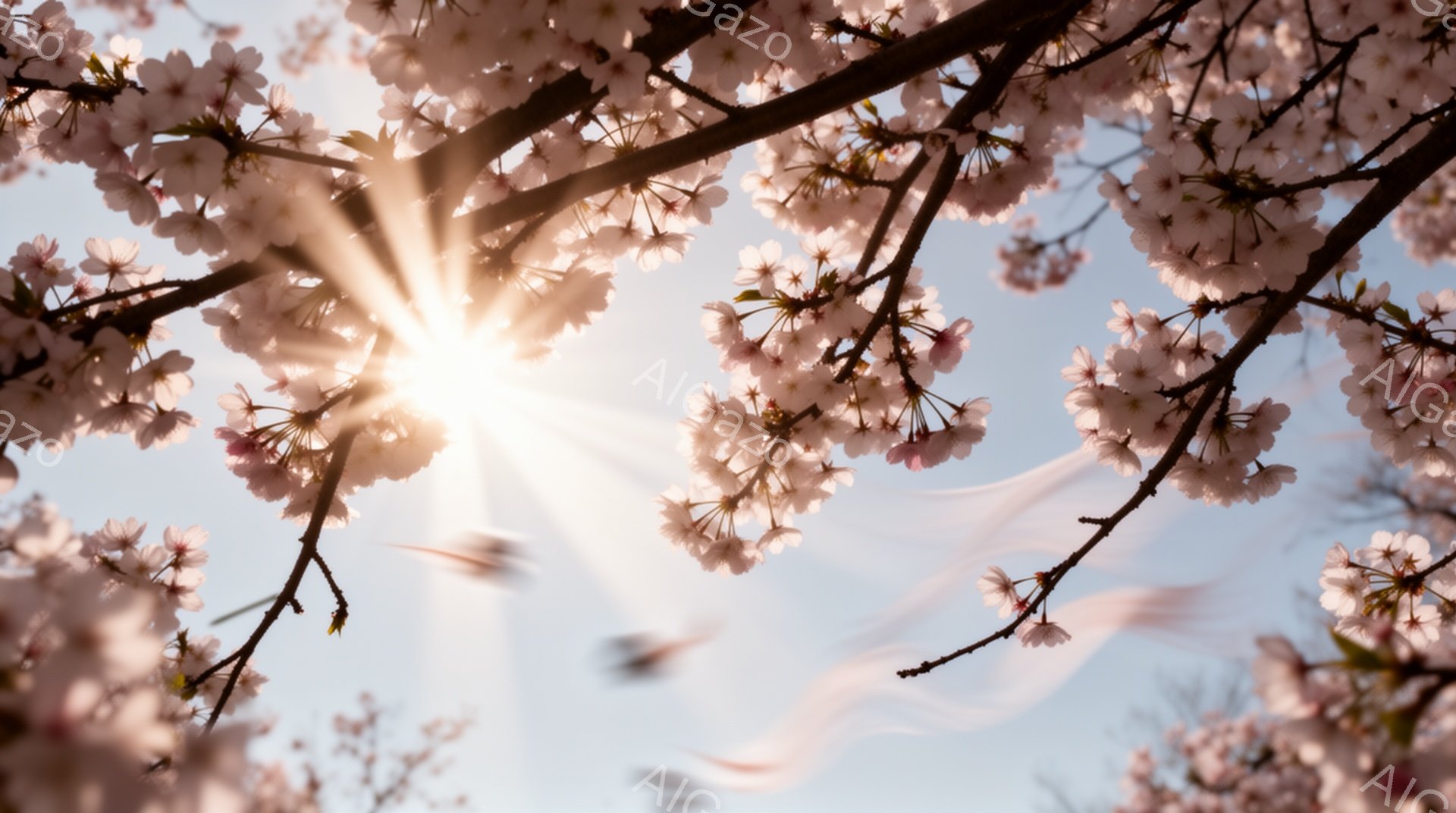 桜の花びらが舞い散る空を見上げる構図で、太陽光が花びらを通して眩しく輝いている。淡いピンク色の桜の花が画面全体を覆い、春の暖かさと儚さを感じさせる美しい情景だ。空は晴れ渡り、新緑の季節の到来を告げてい - AI生成フリー素材