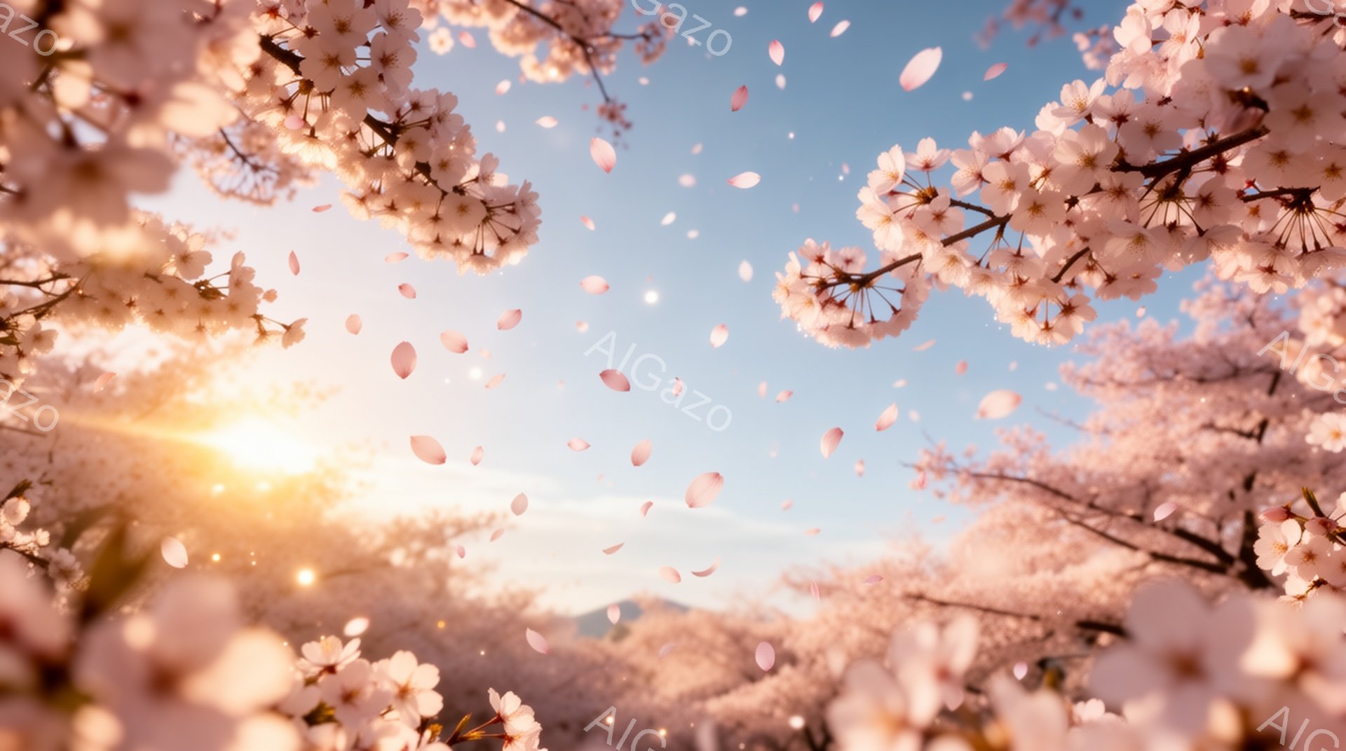 桜の花びらが舞い散る美しい春の風景です。空は明るい水色で、太陽が輝き、穏やかな光が桜並木を照らしています。遠くにはぼんやりと山々が見え、春の暖かさと希望に満ちた雰囲気が漂っています。 - AI生成フリー素材