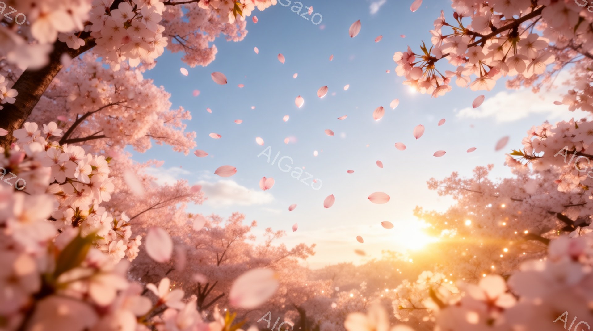 桜の花びらが舞い散る、春の光景が目に飛び込んできます。太陽が地平線から昇り、その光が桜並木を照らし、幻想的な雰囲気を醸し出しています。空は淡い青色で、背景にはぼんやりと山々が見え、穏やかで希望に満ちた一日が始まりそうな情景です。