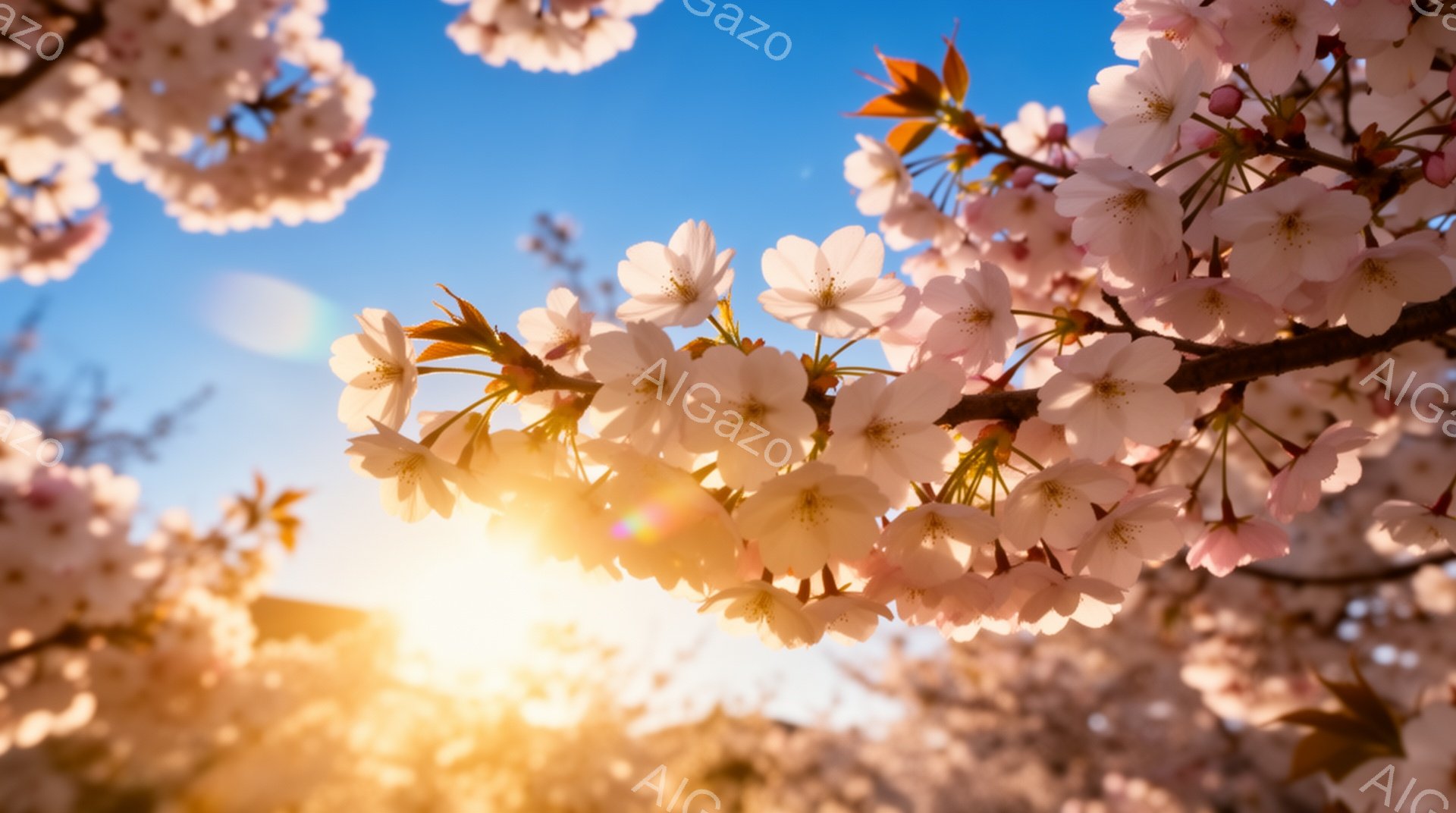 鮮やかな青空を背景に、桜の花びらが咲き誇る様子が捉えられています。太陽は桜の奥から眩しく輝き、花びらを照らし出しています。春の暖かさと希望に満ちた、穏やかで美しい雰囲気が漂っています。 - AI生成フリー素材