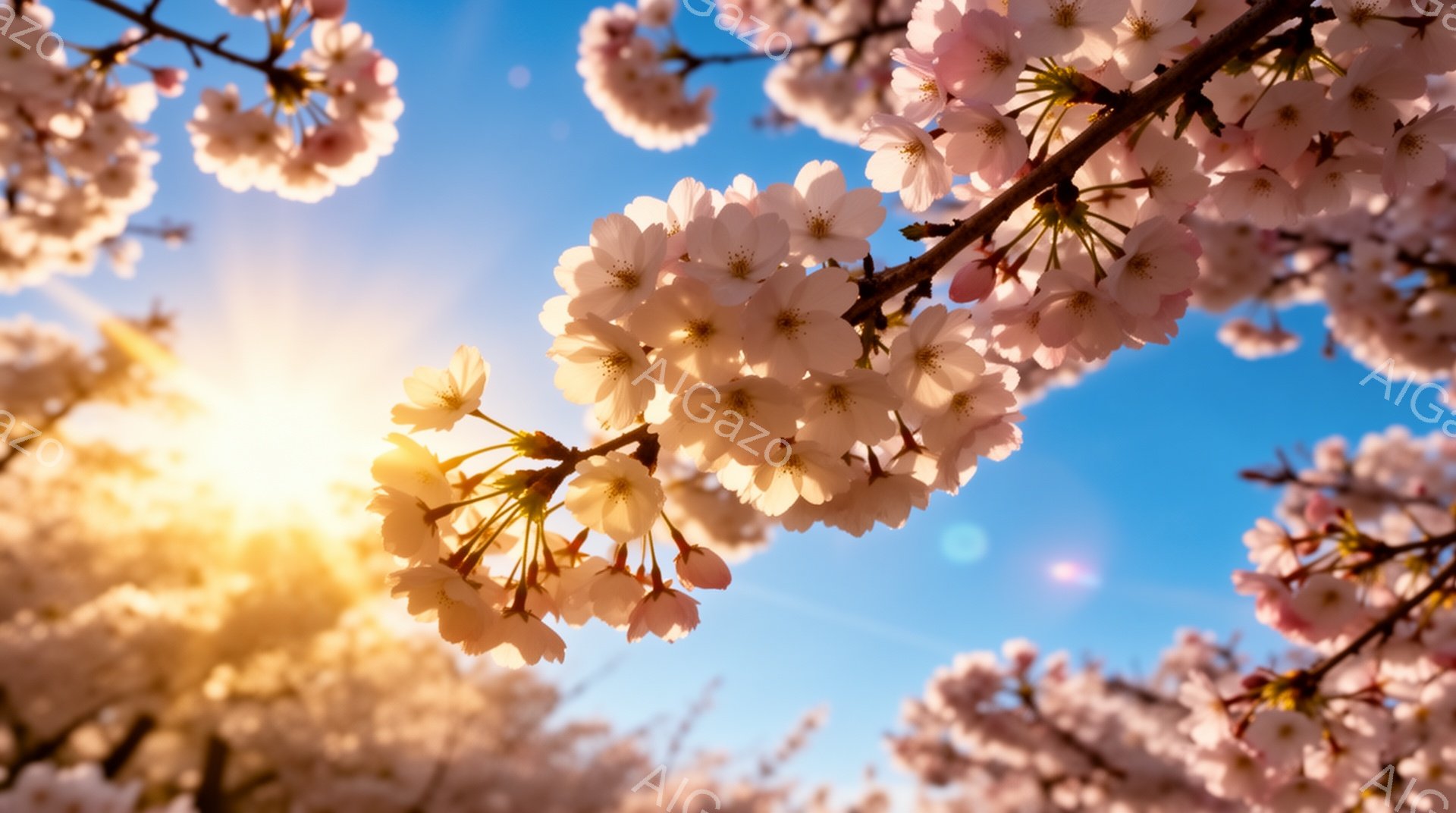 鮮やかな青空を背景に、桜の花が満開の様子が捉えられています。太陽の光が桜の花びらを照らし、明るく華やかな雰囲気を醸し出しています。花びらの淡いピンクと青空のコントラストが美しく、春の訪れを感じさせます - AI生成フリー素材