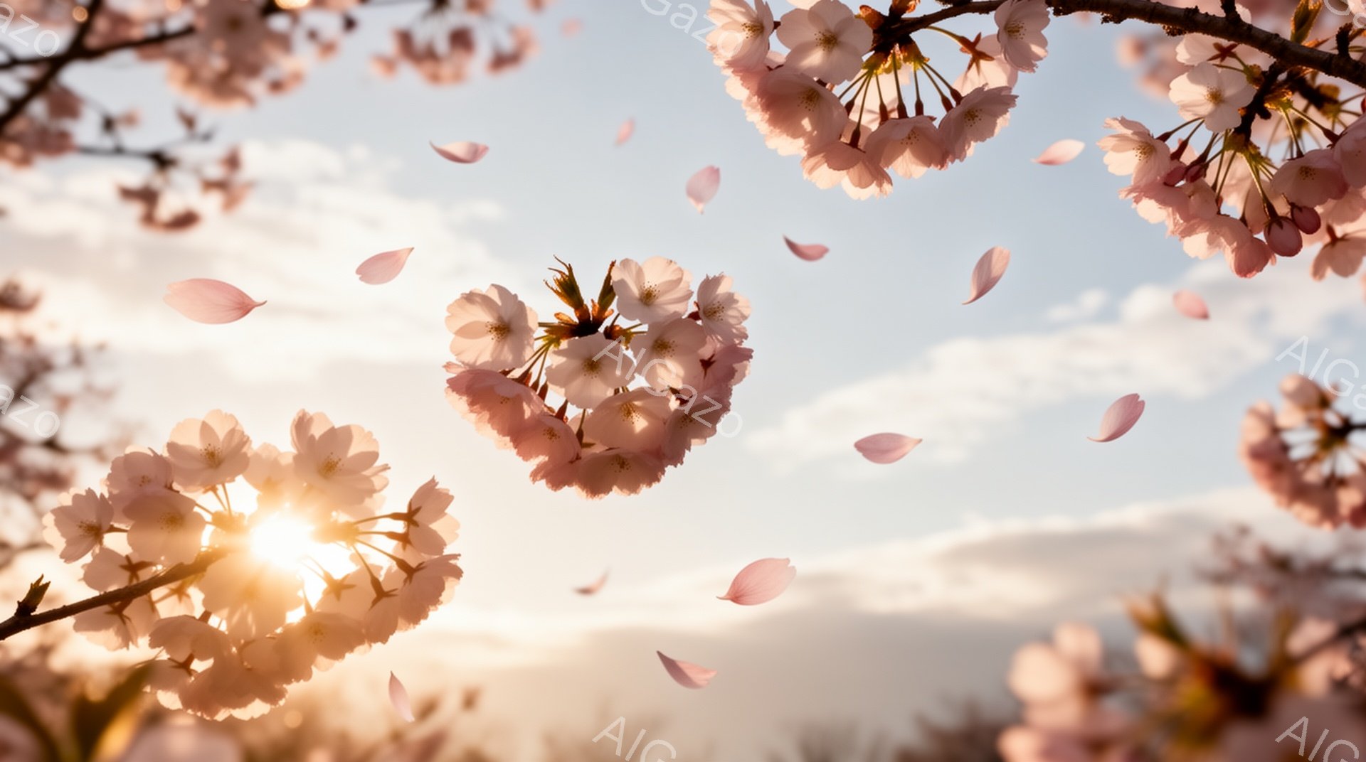 桜の花びらが舞い散る、春の美しい風景です。太陽が雲間から顔を出し、花びらを照らして幻想的な光景を作り出しています。空は穏やかな水色で、背景にはぼんやりと緑が見え、春の暖かさと儚さを感じさせます。 - AI生成フリー素材
