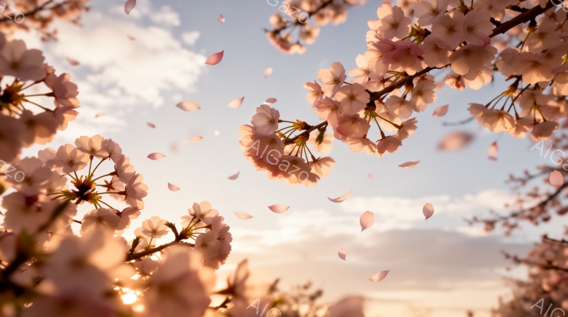 薄桃色の桜の花びらが舞い散る、春の風景です。空は穏やかな水色からオレンジ色へとグラデーションを描き、柔らかい光が桜を照らしています。背景には、ぼんやりと緑が見え、春の暖かさと儚さが感じられる、美しい情景です。