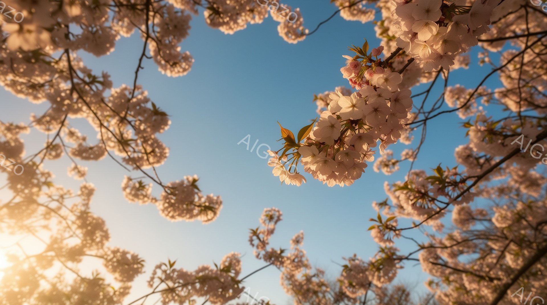 空を見上げるような視点から、桜の花が画面全体を埋め尽くしている。淡いピンク色の花びらは太陽の光を浴びて輝き、背景の青空とのコントラストが美しい。春の暖かさと希望を感じさせる、穏やかで幻想的な雰囲気であ - AI生成フリー素材