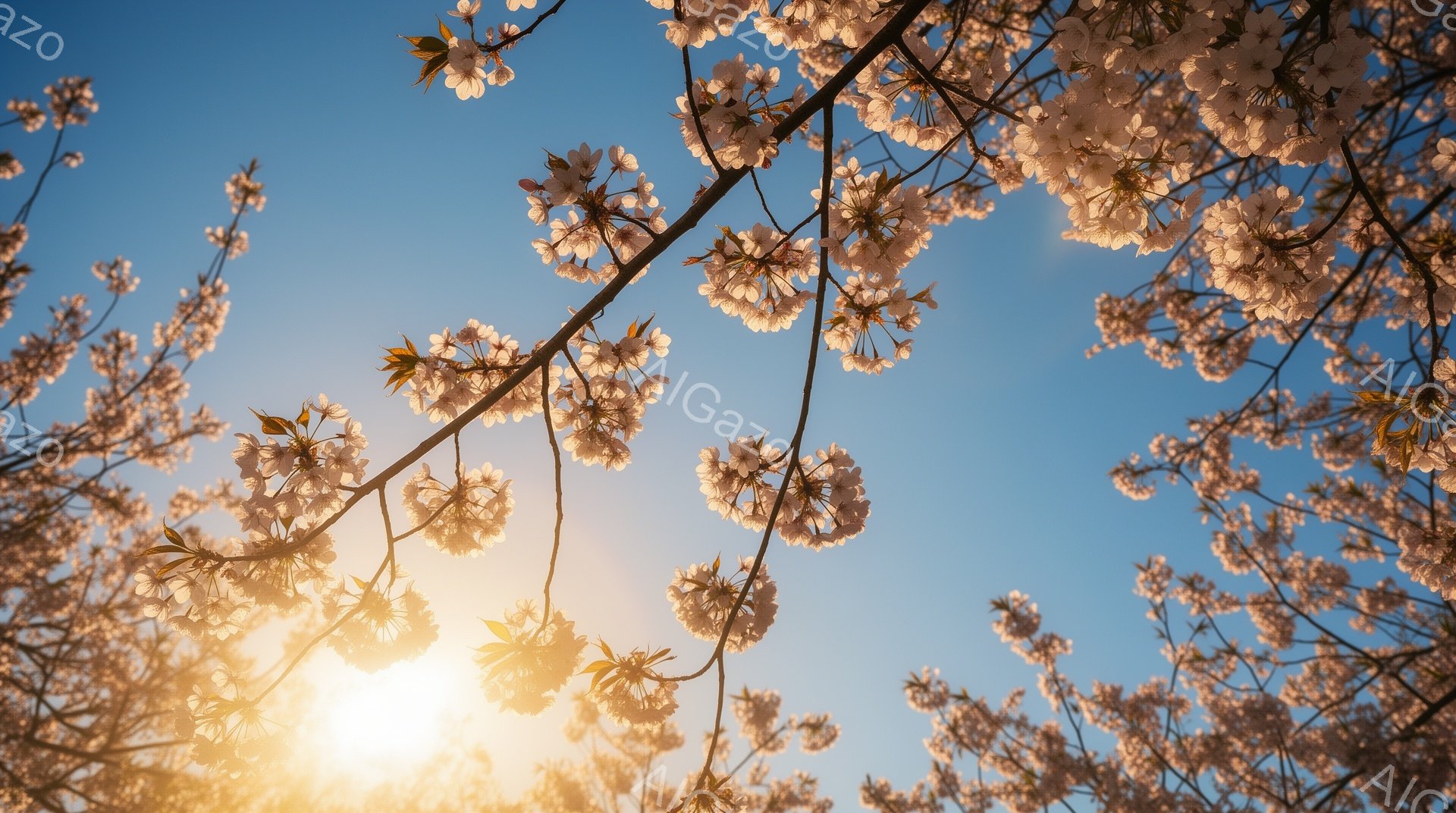 桜の花が咲き乱れ、空に向かって枝を広げている様子が捉えられています。太陽の光が桜の花びらを照らし、明るく暖かい春の雰囲気を演出しています。鮮やかな青空とのコントラストが美しく、穏やかで希望に満ちた情景 - AI生成フリー素材