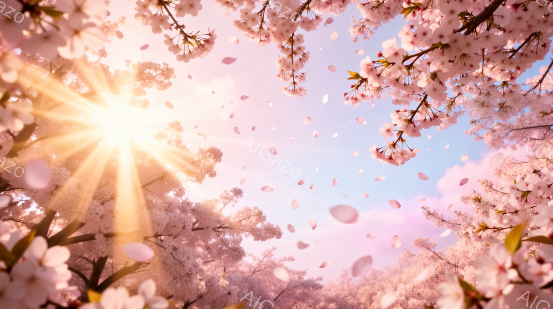 桜の花びらが舞い散る、春の日の空を背景にした写真です。強烈な逆光が、花びらと空を柔らかく照らし出し、幻想的な雰囲気を醸し出しています。全体的に淡いピンクと白の色調で、暖かく優しい印象を与えます。 - AI生成フリー素材