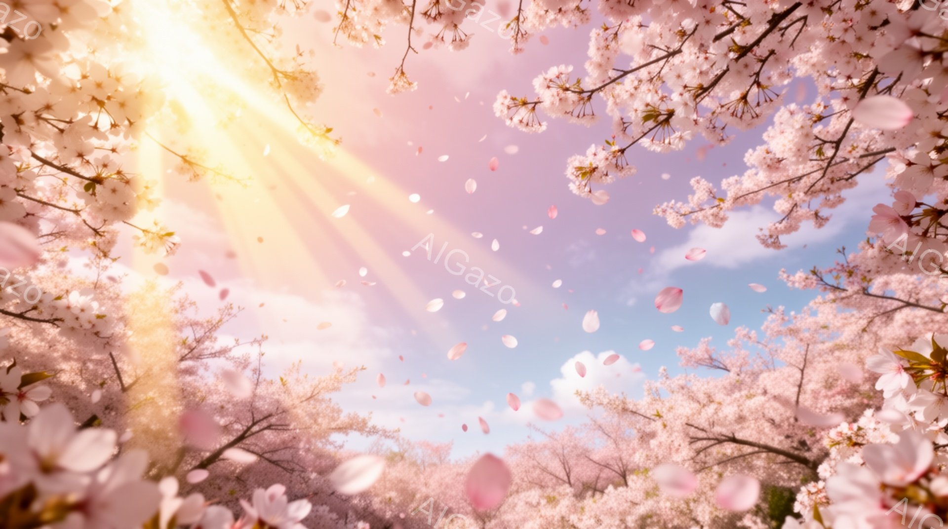 満開の桜が空を覆い、花びらが舞い散る幻想的な光景が広がっています。強い逆光のため、桜の花や花びらがより一層輝き、春の暖かさと儚さを感じさせます。青空と白い雲が背景に広がり、春の穏やかな一日を象徴する美 - AI生成フリー素材