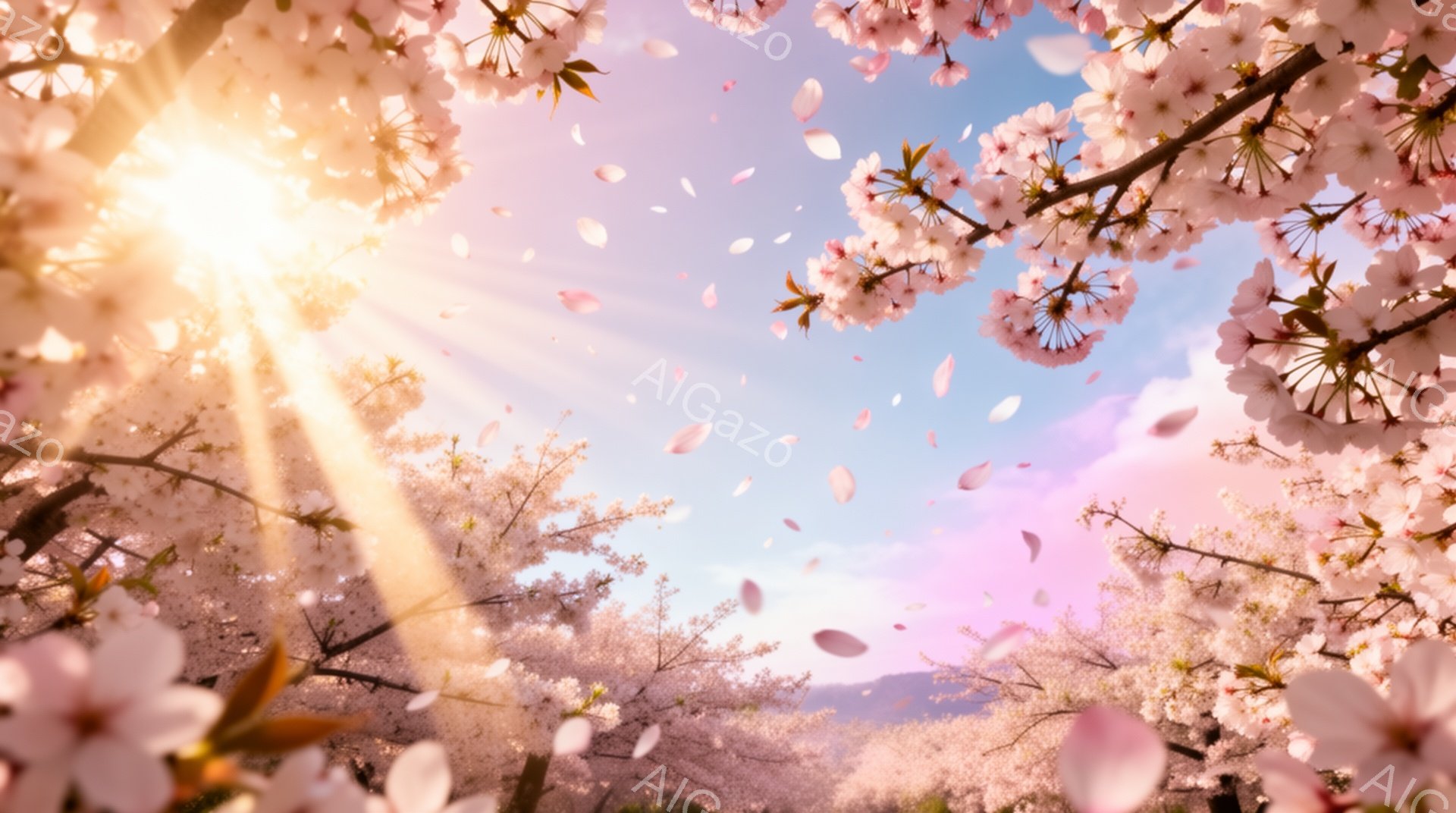 桜の花びらが舞い散る、幻想的な風景です。太陽の光が強く差し込み、桜並木を明るく照らし出しています。空は淡いピンクと青のグラデーションで、春の暖かく優しい雰囲気が伝わってきます。 - AI生成フリー素材