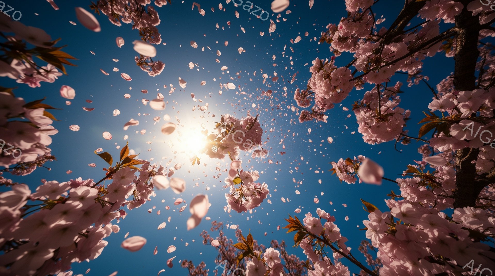 青空を背景に、桜の花びらが舞い散る様子が捉えられています。桜の密集した枝が画面下部から迫力満点で伸びており、太陽光が花びらを照らし、幻想的な雰囲気を醸し出しています。全体的に春の暖かさや儚さが感じられ - AI生成フリー素材