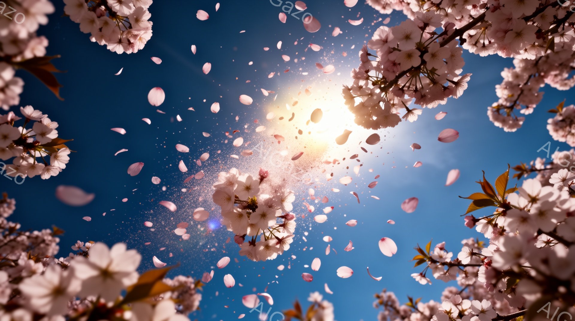 満開の桜の花びらが、青空の下で舞い散っている様子を捉えた写真です。太陽が眩しく輝き、花びらは光の中でキラキラと輝き、春の暖かく希望に満ちた雰囲気を醸し出しています。枝に付いた花は鮮やかで、背景の青空と - AI生成フリー素材