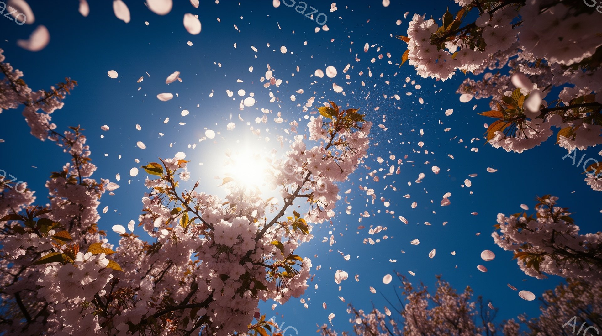 鮮やかな青空を背景に、桜の花びらが舞い散る様子が捉えられています。太陽が花びらを照らし、まるで雪のように降り注ぐ光景は、春の訪れを告げる華やかで幻想的な雰囲気です。枝にはピンク色の花が咲き誇り、春の生 - AI生成フリー素材