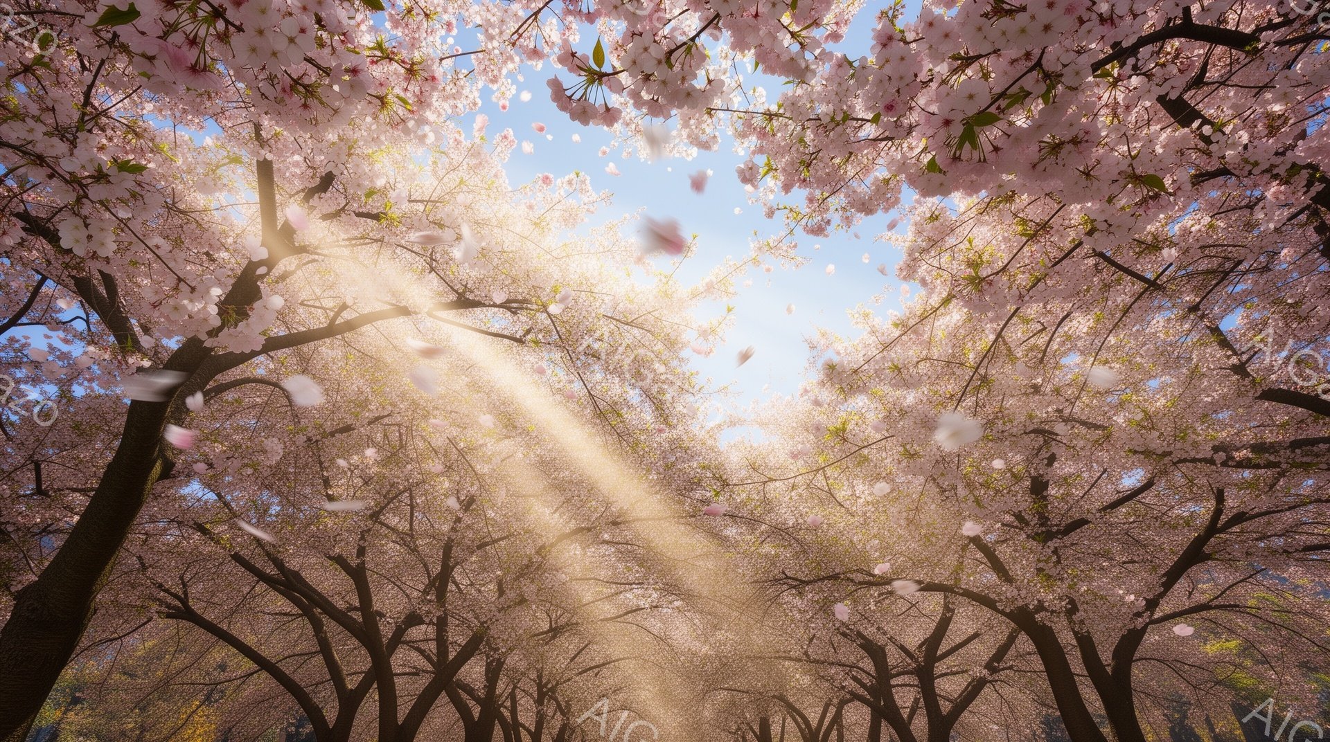 満開の桜並木を捉えた写真です。太陽の光が桜の花びらを通して降り注ぎ、地面には散り始めた花びらが舞い散っています。空は明るい青空で、春の暖かく穏やかな雰囲気が伝わってきます。