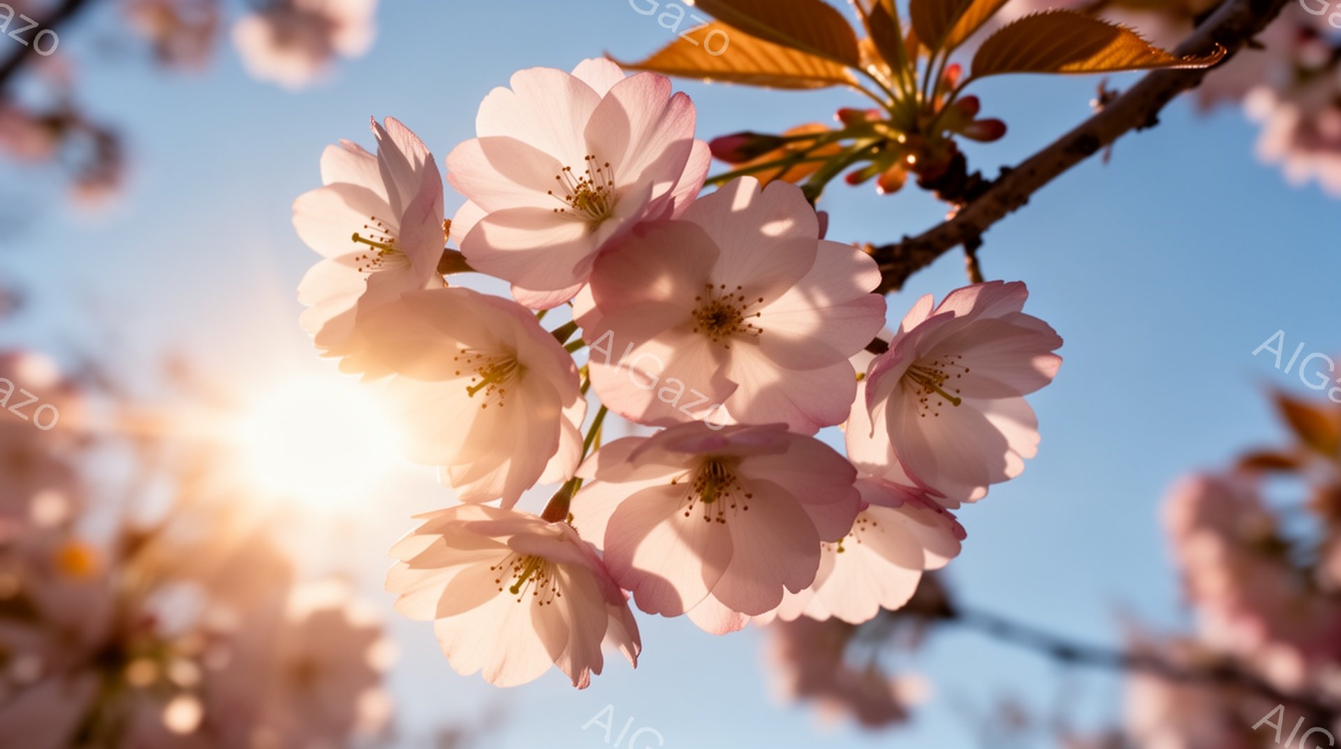 空は明るい青色で、太陽が強く輝いている。桜の花びらが美しく咲き誇り、一部はまだ蕾の状態で、春の訪れを感じさせる穏やかな光景である。光が花びらを照らし、柔らかいピンク色が際立っている。 - AI生成フリー素材