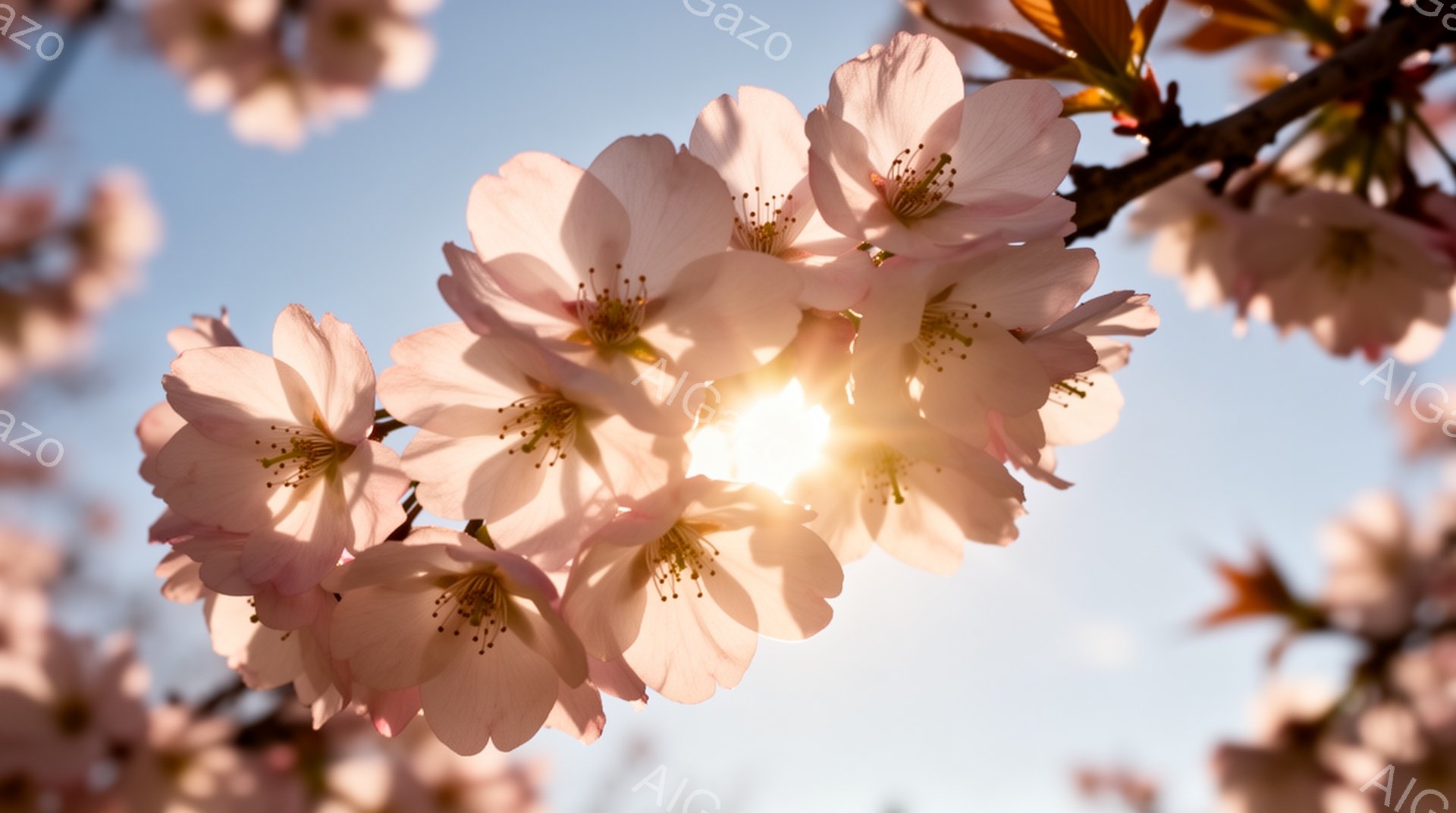桜の花が咲き誇り、太陽がその間から優しく差し込んでいます。淡いピンク色の花びらは、春の暖かさと生命力を感じさせ、背景には穏やかな青空が広がっています。光の透過によって、桜の花びらが幻想的に輝き、希望に - AI生成フリー素材
