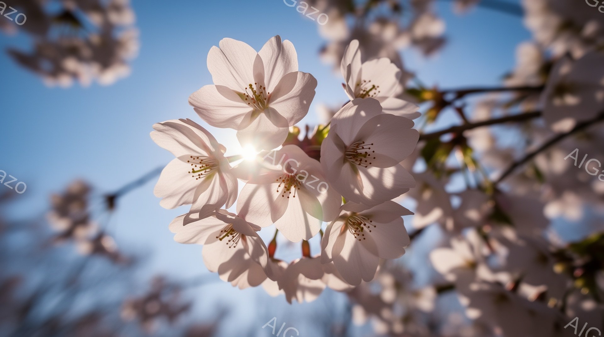 桜の花びらが満開で、太陽が背景から優しく照らされている様子が捉えられています。淡いピンク色の花びらは繊細で、春の暖かさと生命力を感じさせます。空は澄んだ青色で、穏やかな春の日の雰囲気を強調しています。 - AI生成フリー素材
