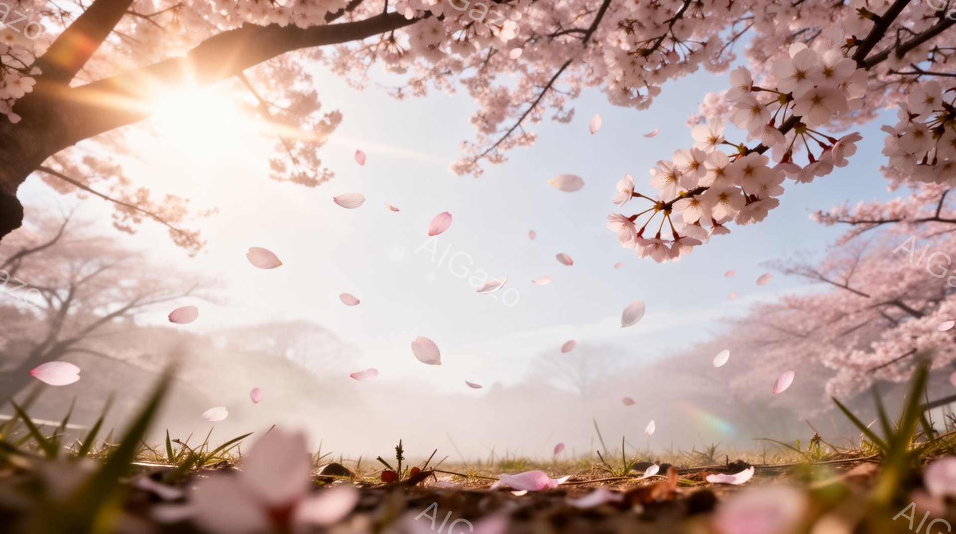 桜の花びらが舞い散る春の風景が描かれている。薄桃色の花びらが、緑の草むらと霞んだ背景の山々を覆い、柔らかく穏やかな雰囲気を醸し出している。太陽の光が花びらを通して差し込み、幻想的な光景を作り出している - AI生成フリー素材