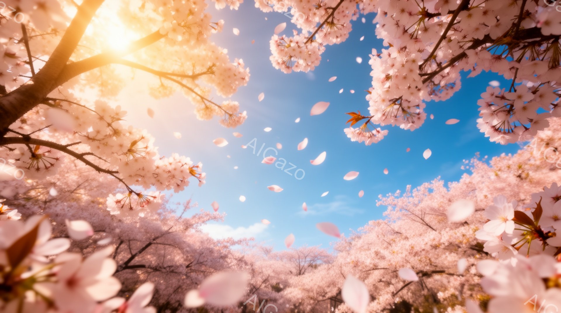 満開の桜が咲き誇り、花びらが空中に舞い散っている様子が捉えられています。明るい日差しが桜の花びらを照らし、青空とのコントラストが美しい春の風景です。全体的に暖かく、希望に満ちた、穏やかな雰囲気が漂って - AI生成フリー素材