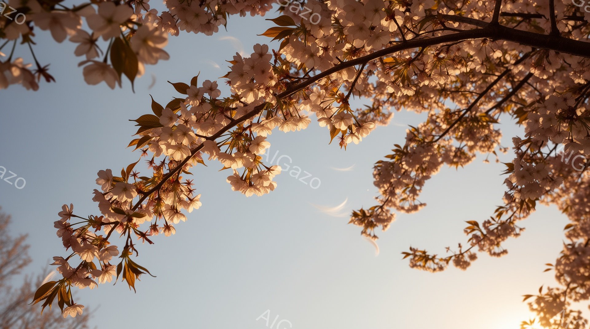 空を見上げるような視点から、桜の花が咲き乱れる枝が画面いっぱいに広がっています。薄明りの空は、淡い水色からオレンジ色へとグラデーションを描き、背景にはぼんやりとした月の光が差し込んでいます。春の暖かく穏やかな、幻想的な雰囲気が漂っています。