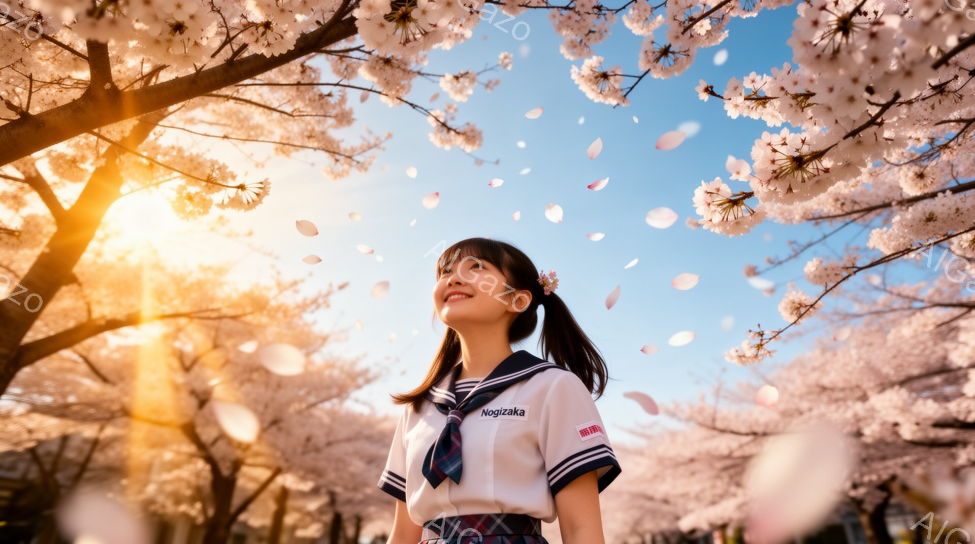 若い女性が桜の木の下で空を見上げています。彼女はセーラー服を着ており、髪はポニーテールに結ばれています。背景には桜の花びらが舞い、太陽の光が差し込み、春の暖かく希望に満ちた雰囲気を醸し出しています。